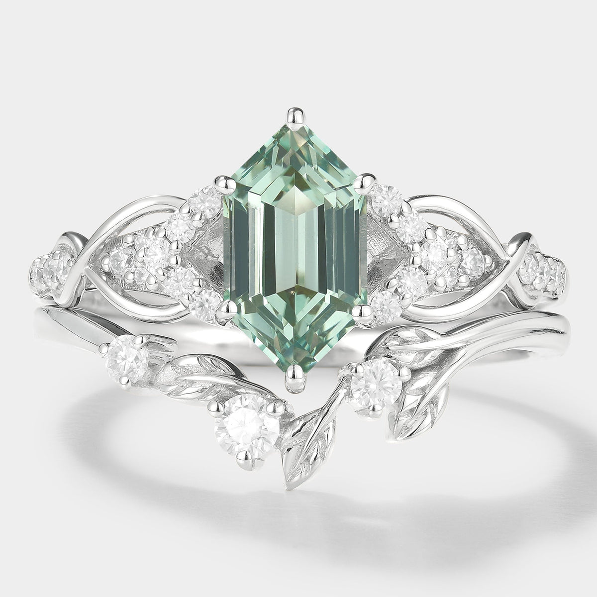 Long Hexagon Green Sapphire Engagement Ring Leaf Wedding Band 2pcs