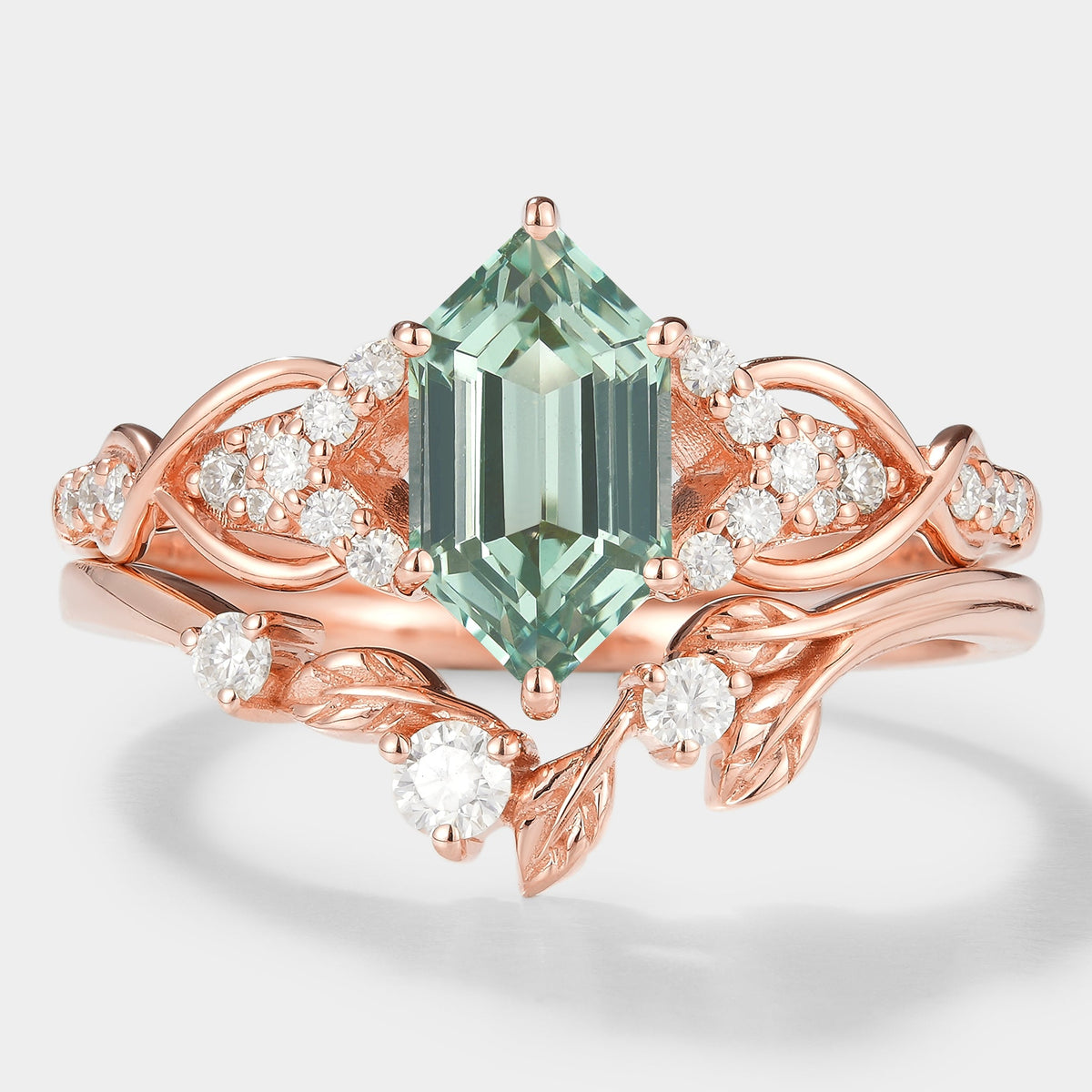 Long Hexagon Green Sapphire Engagement Ring Leaf Wedding Band 2pcs