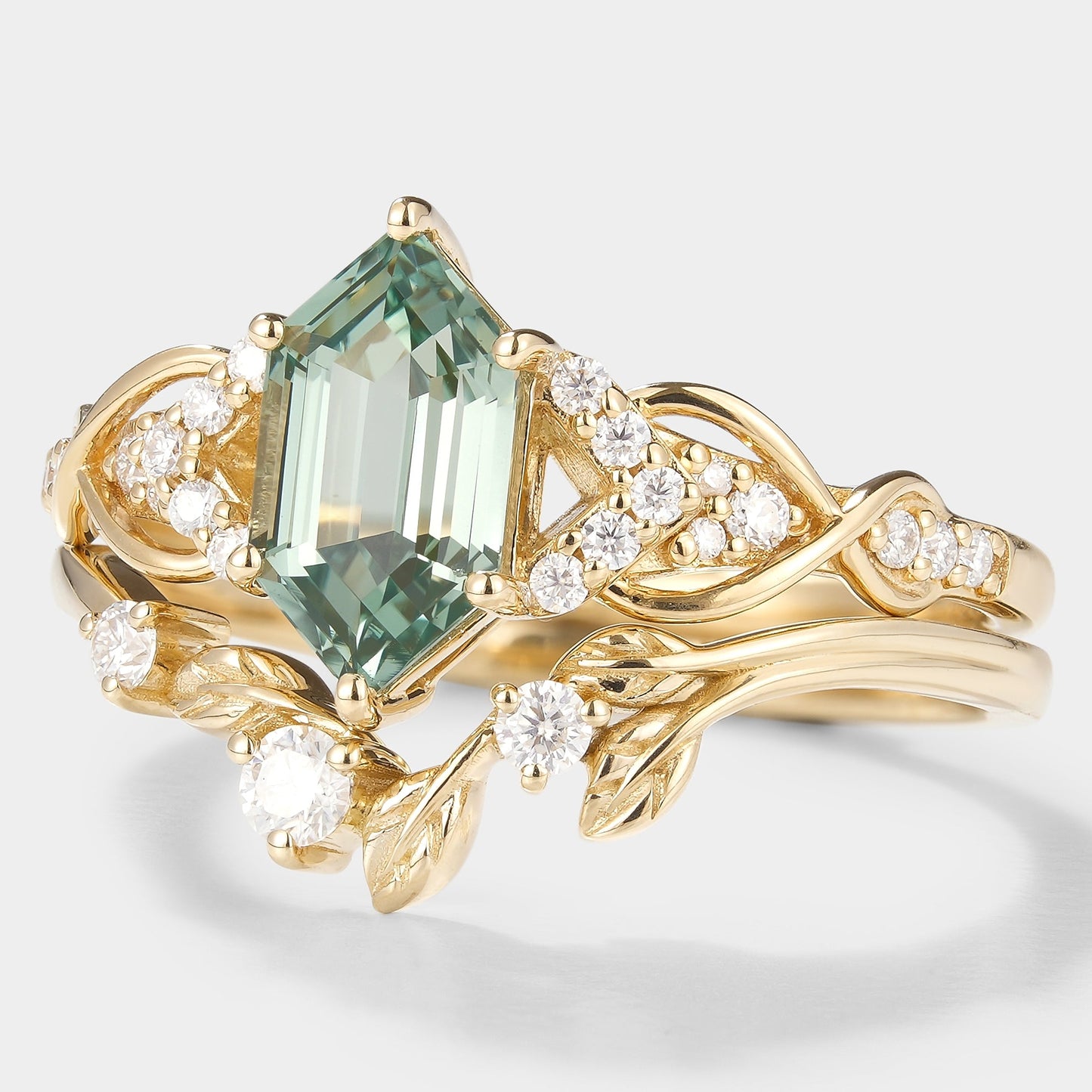 Long Hexagon Green Sapphire Engagement Ring Leaf Wedding Band 2pcs