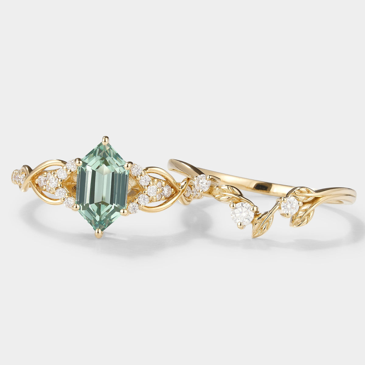 Long Hexagon Green Sapphire Engagement Ring Leaf Wedding Band 2pcs