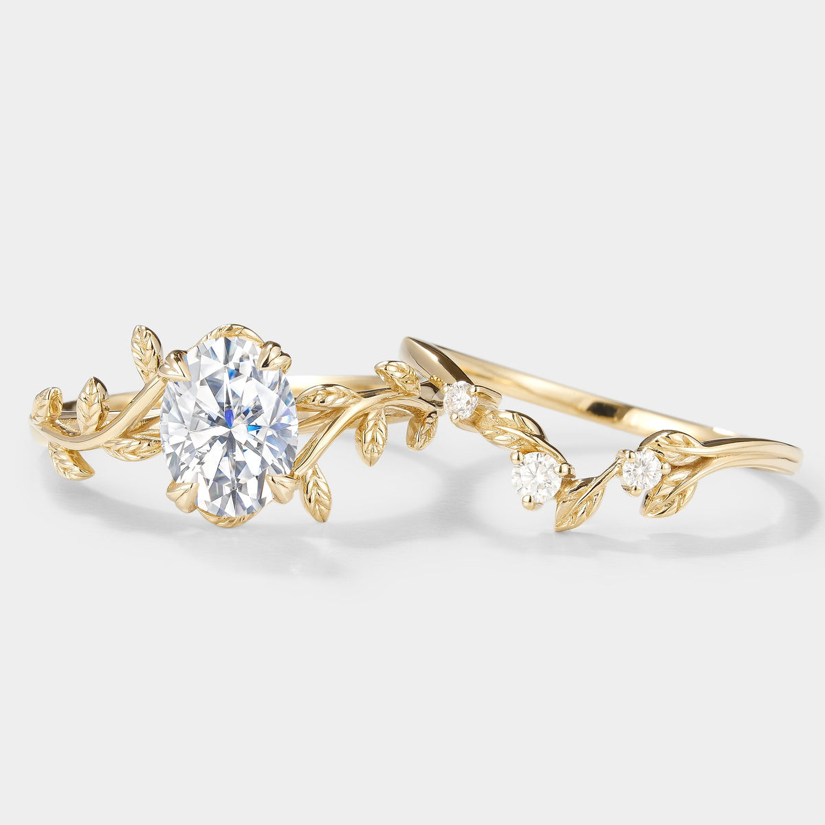 Oval Cut Moissanite Leaf Engagement Ring Leaf Wedding Band 2pcs