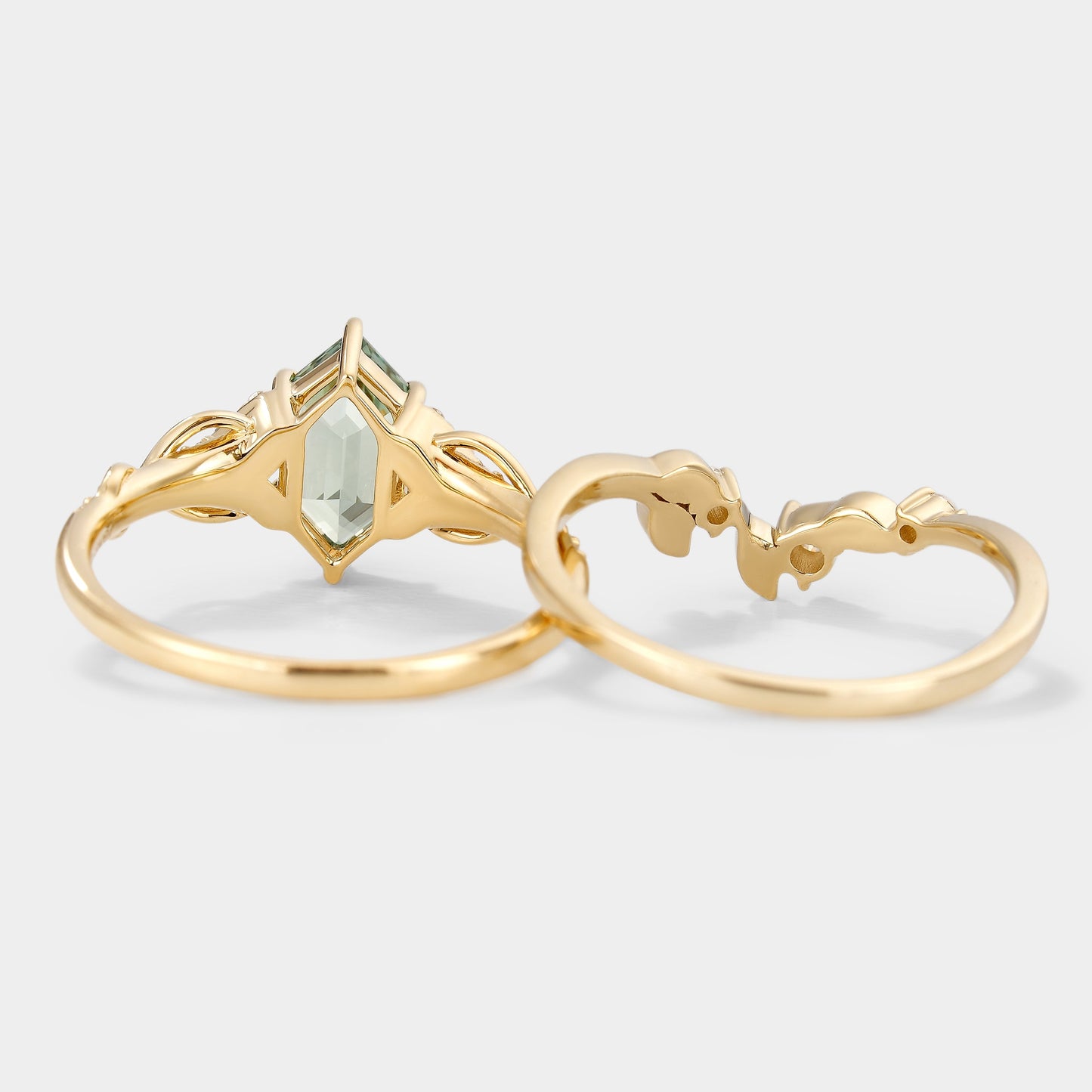 Long Hexagon Green Sapphire Engagement Ring Leaf Wedding Band 2pcs