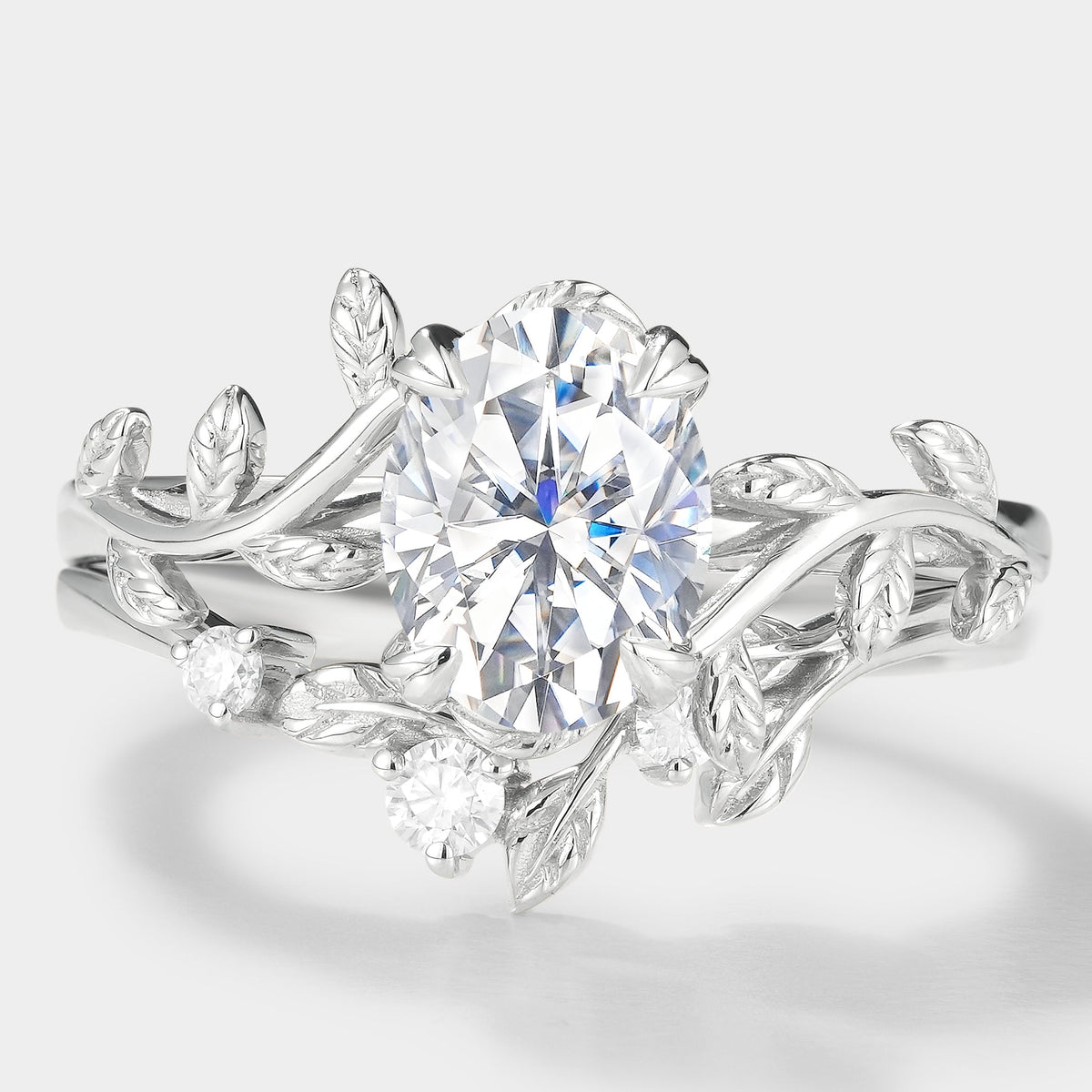 Oval Cut Moissanite Leaf Engagement Ring Leaf Wedding Band 2pcs