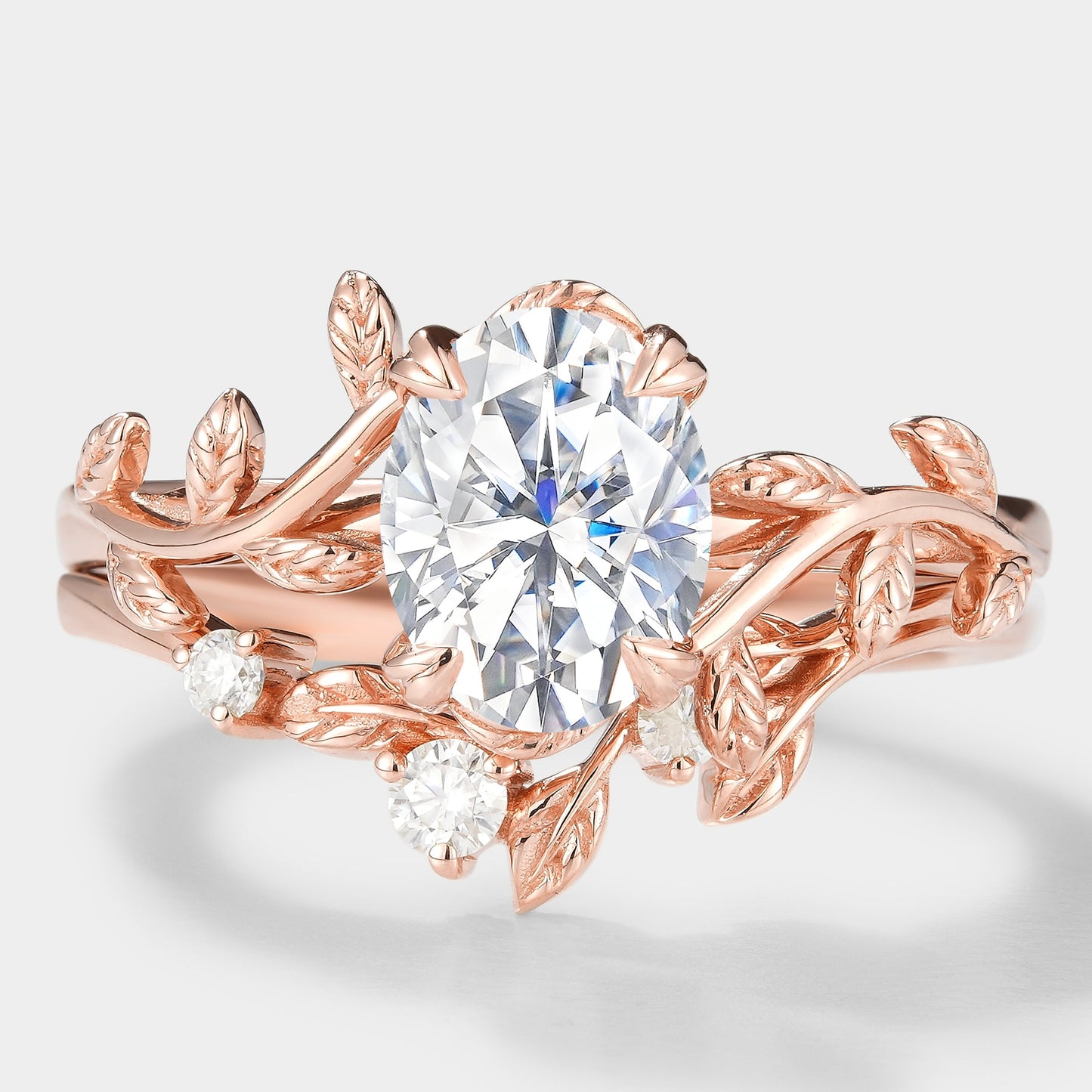 Oval Cut Moissanite Leaf Engagement Ring Leaf Wedding Band 2pcs
