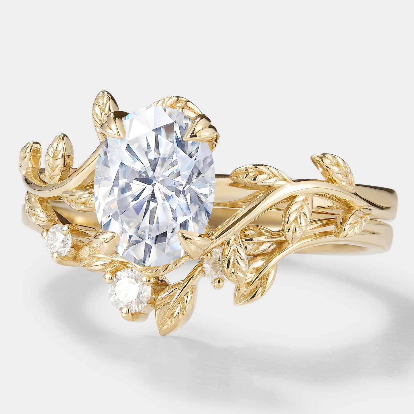 Oval Cut Moissanite Leaf Engagement Ring Leaf Wedding Band 2pcs