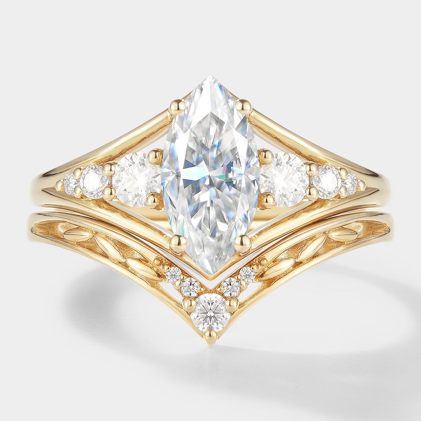Marquise Moissanite Engagement Ring With Chevron Wedding Band 2pcs