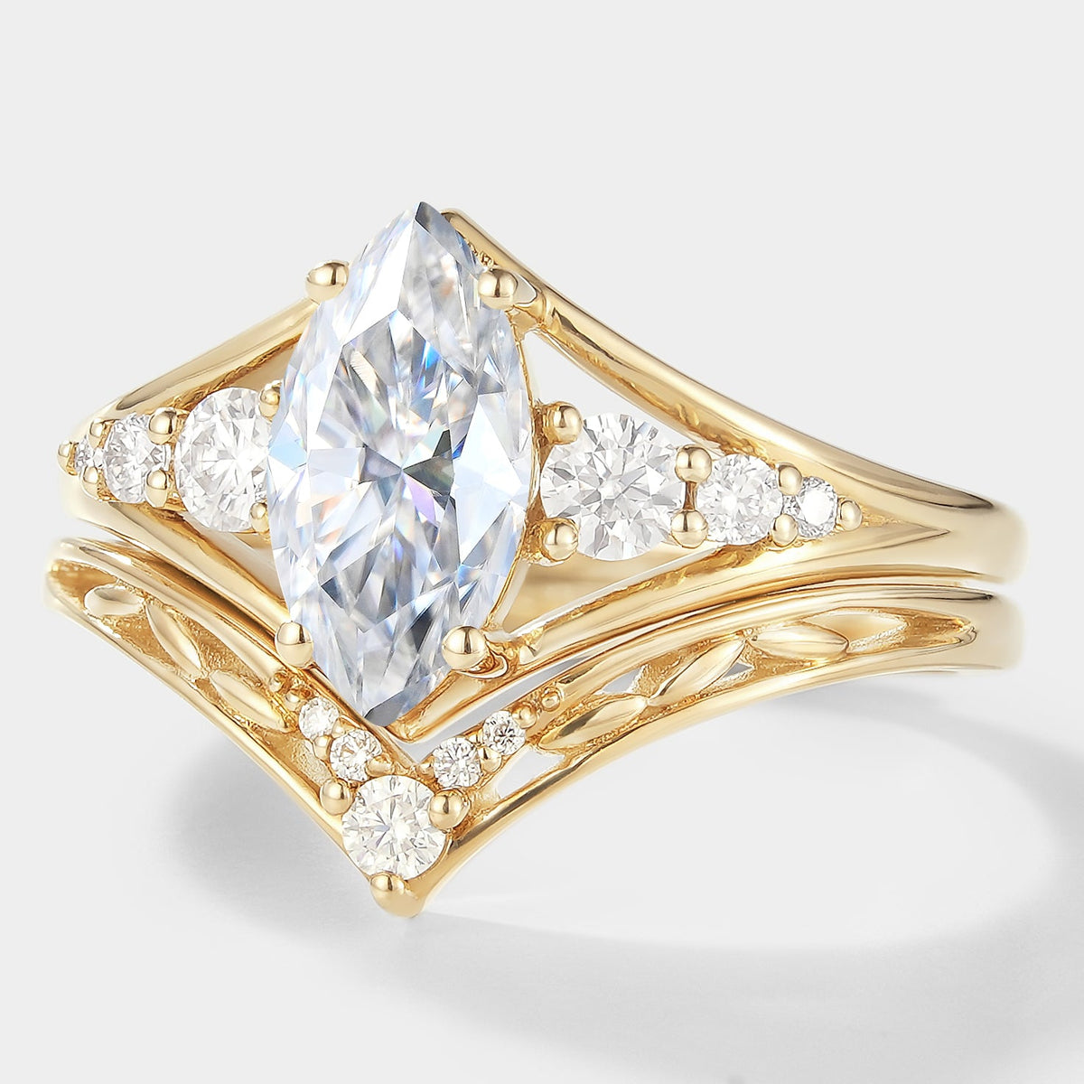 Marquise Moissanite Engagement Ring With Chevron Wedding Band 2pcs