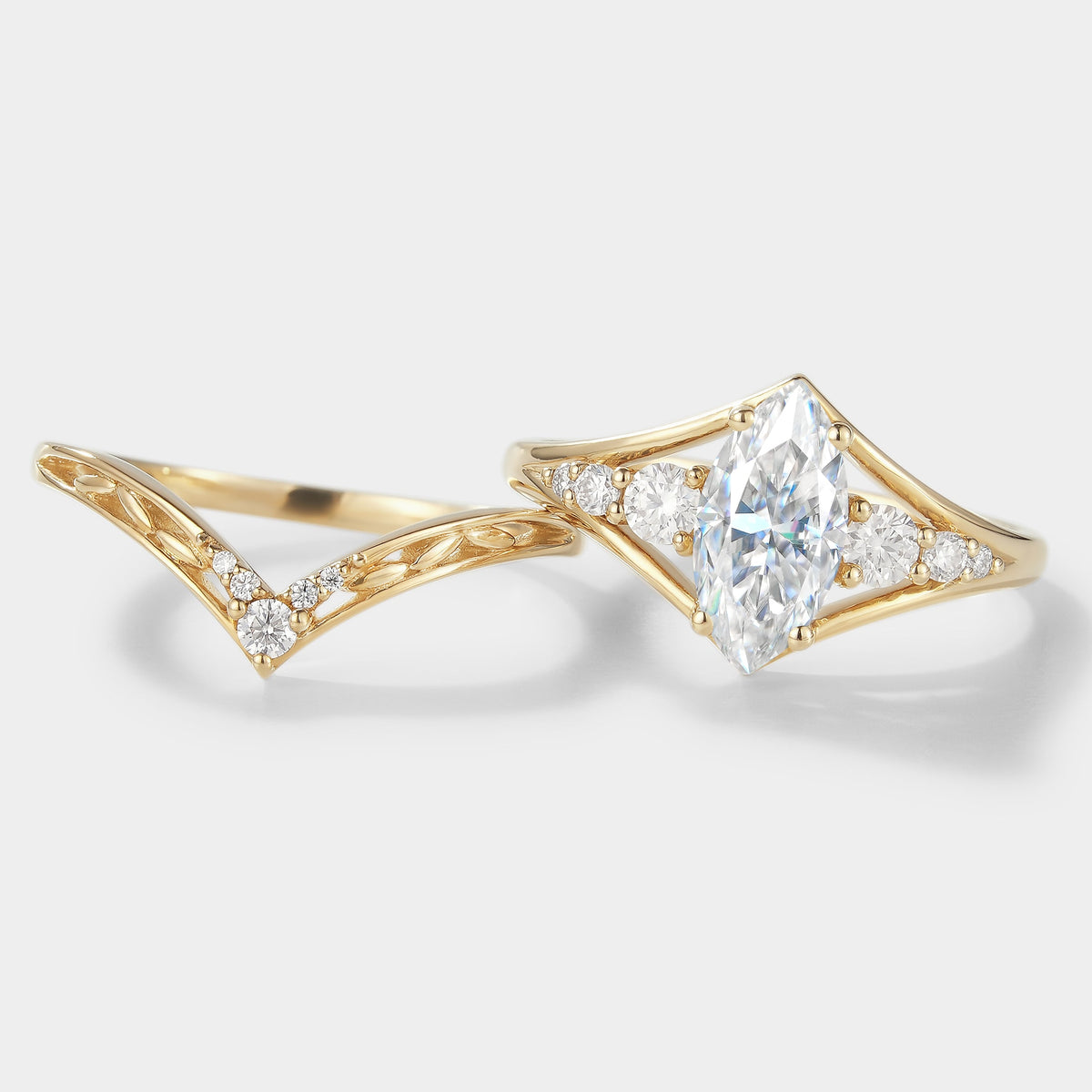 Marquise Moissanite Engagement Ring With Chevron Wedding Band 2pcs