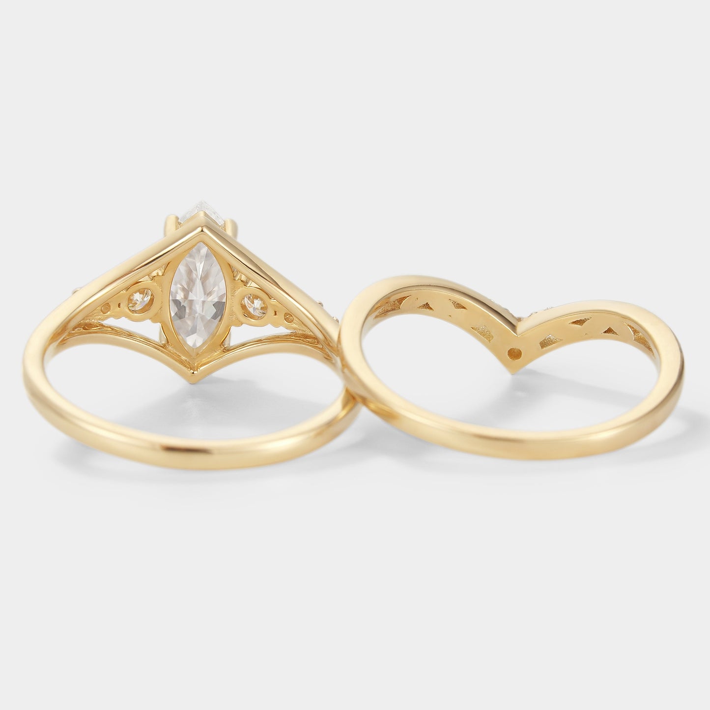 Marquise Moissanite Engagement Ring With Chevron Wedding Band 2pcs