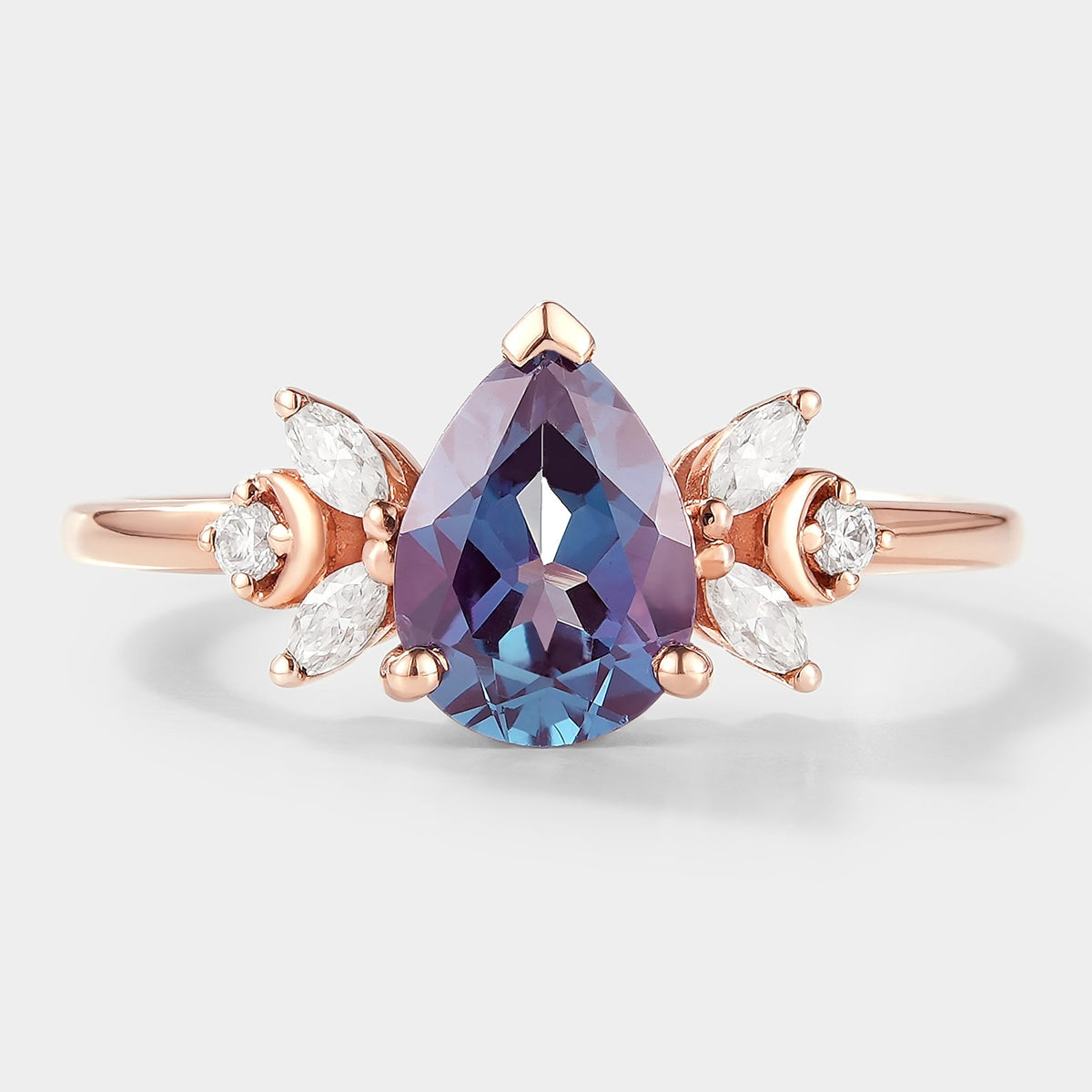 Pear Cut Alexandrite Engagement Ring With Moissanite Cluster