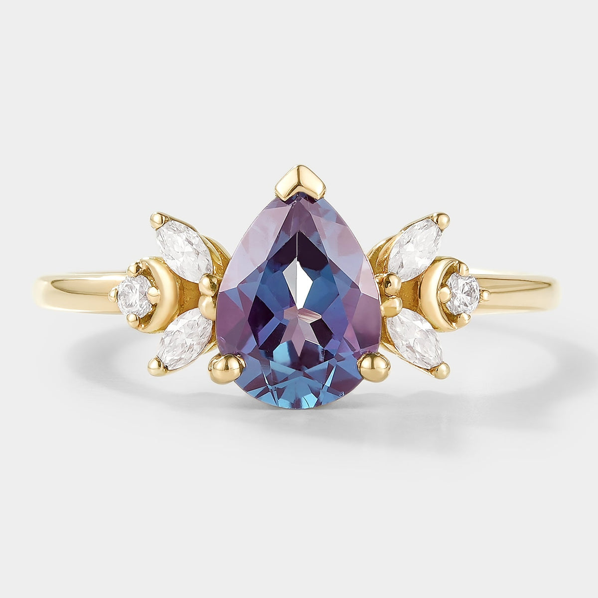 Pear Cut Alexandrite Engagement Ring With Moissanite Cluster