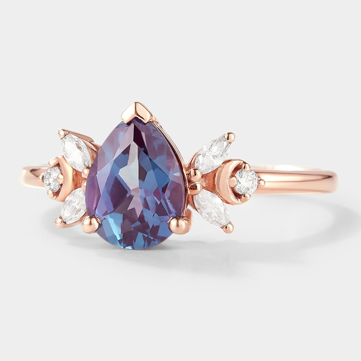 Pear Cut Alexandrite Engagement Ring With Moissanite Cluster