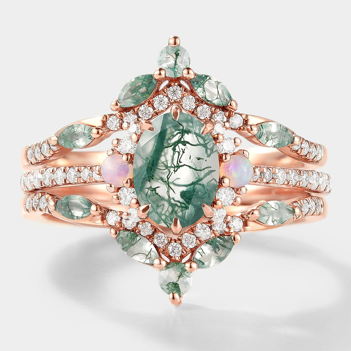 Moss Agate Engagement Ring With Enhancer Wedding Band 2pcs