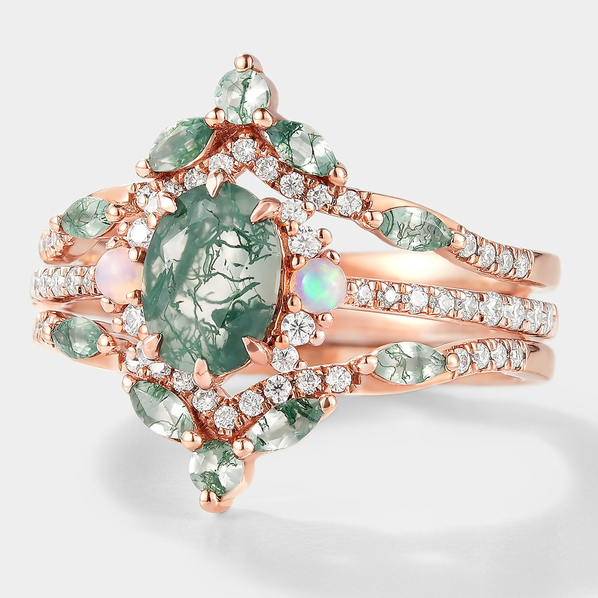 Moss Agate Engagement Ring With Enhancer Wedding Band 2pcs