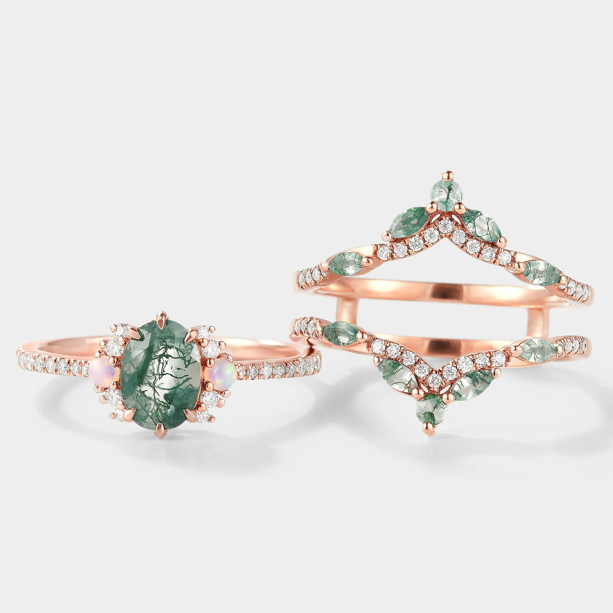 Moss Agate Engagement Ring With Enhancer Wedding Band 2pcs