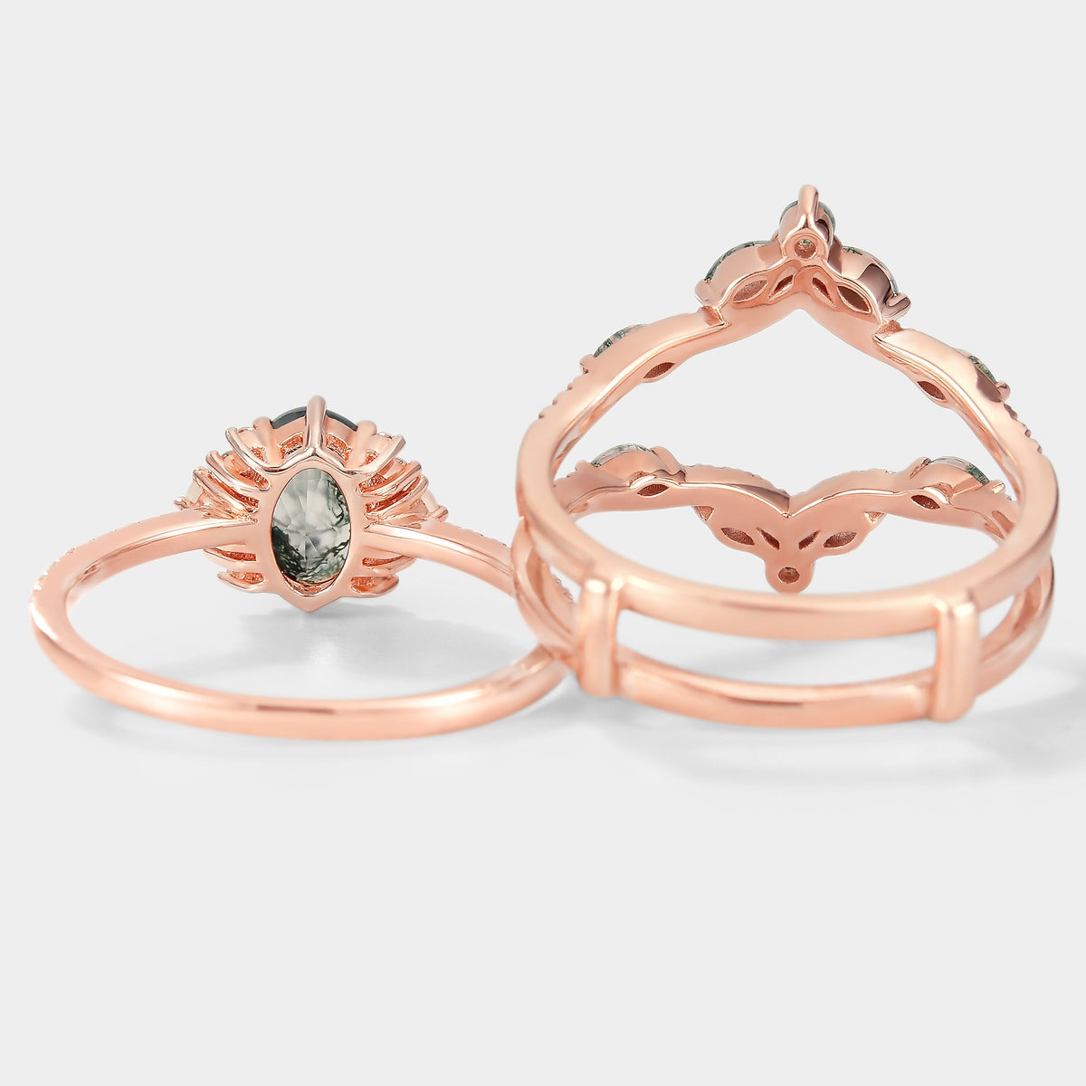 Moss Agate Engagement Ring With Enhancer Wedding Band 2pcs