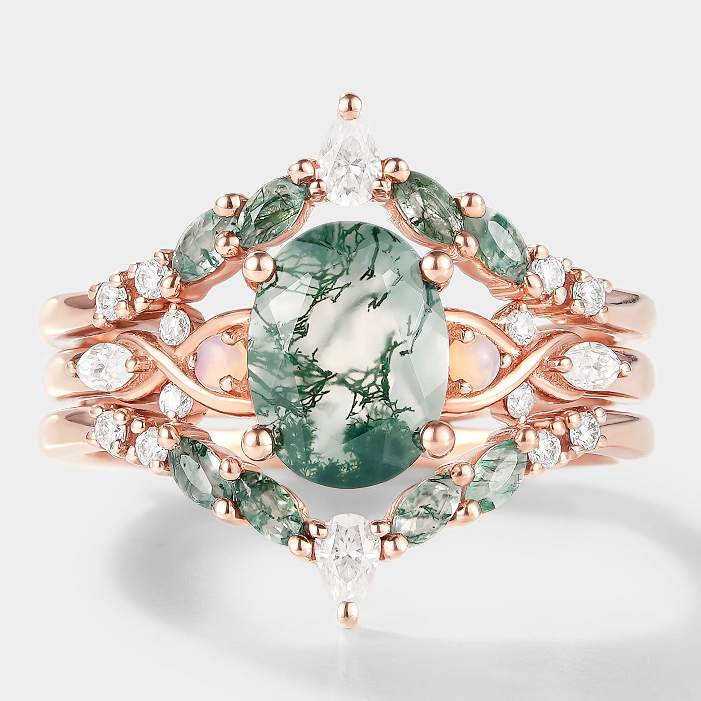 Moss Agate Engagement Ring With Enhancer Double Wedding Band