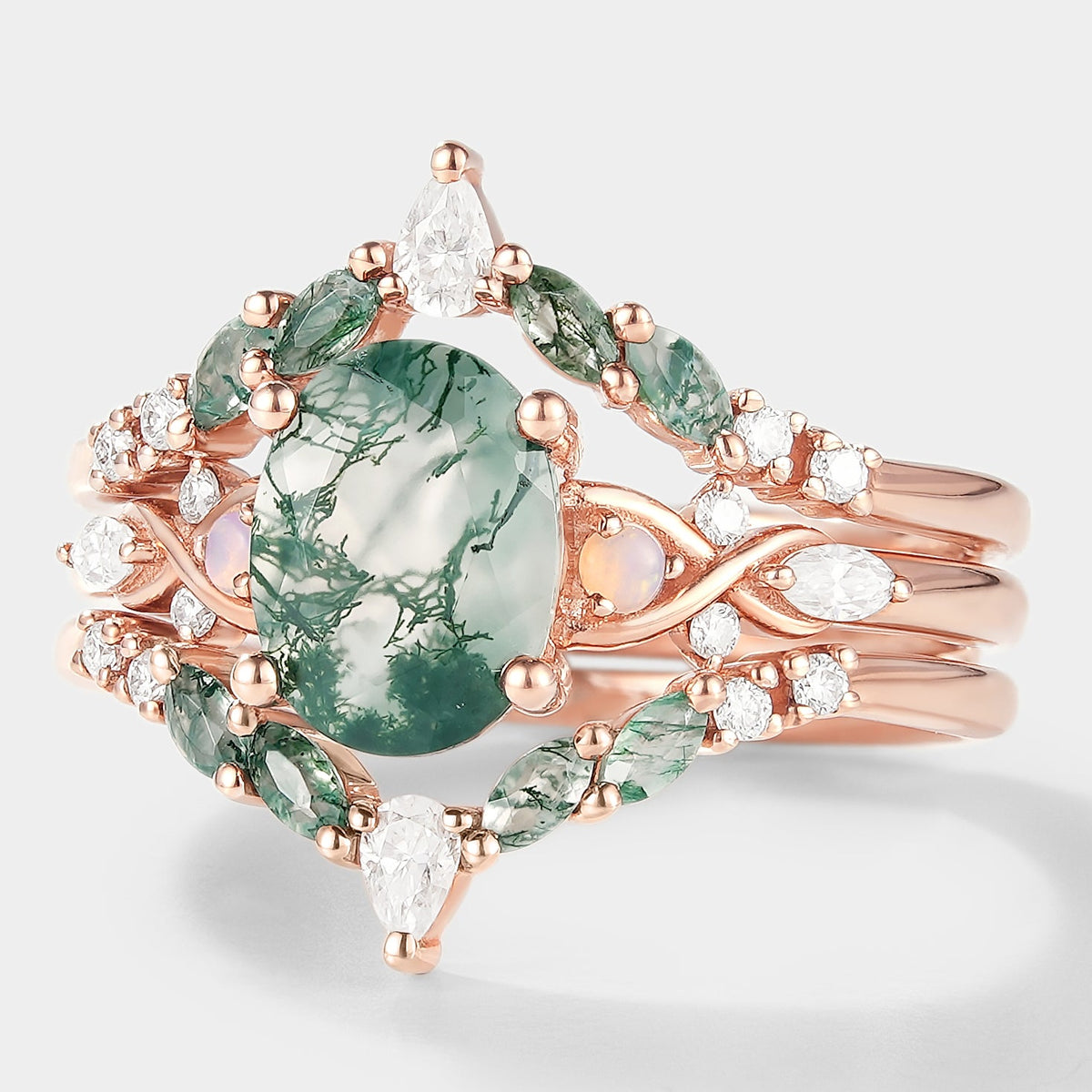 Moss Agate Engagement Ring With Enhancer Double Wedding Band