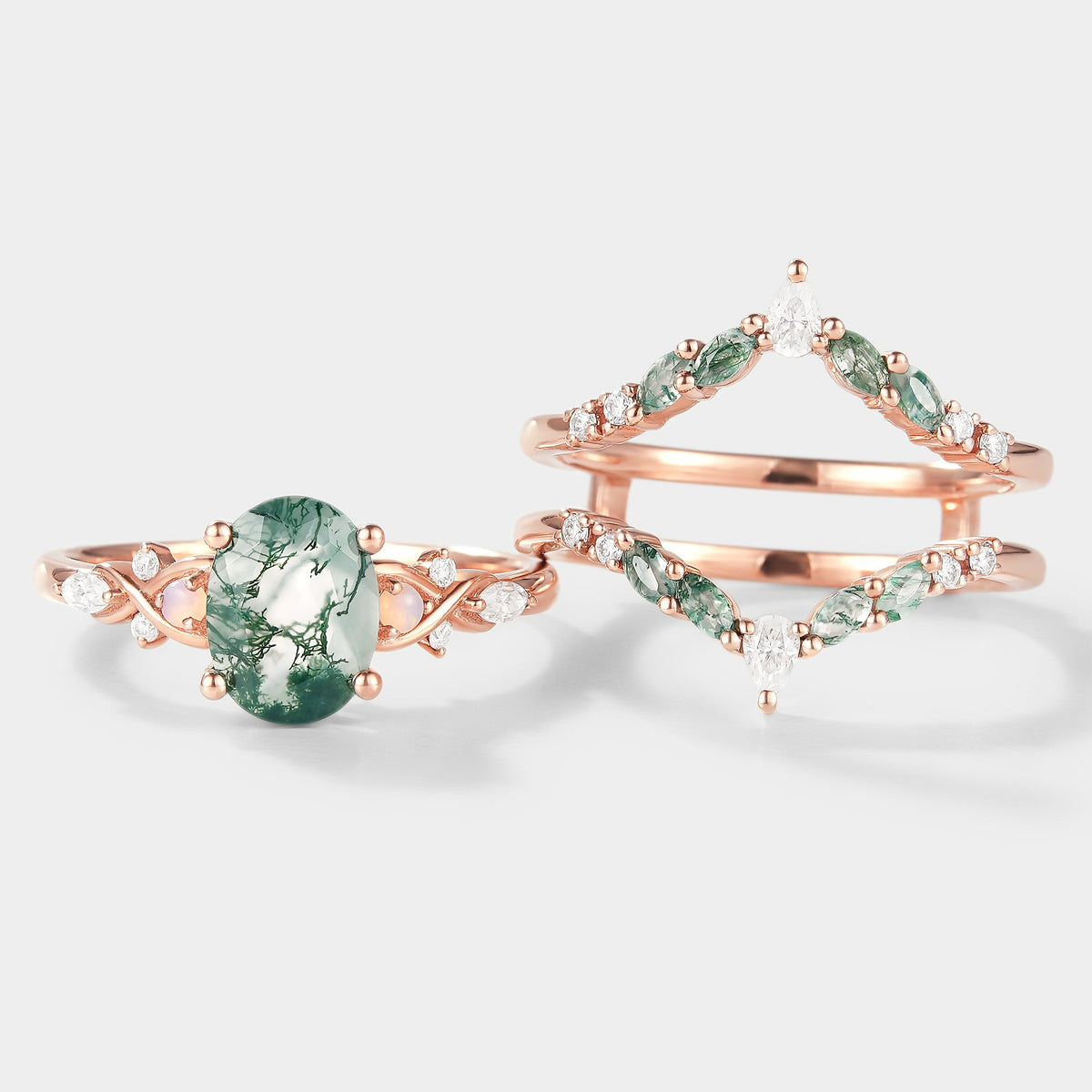 Moss Agate Engagement Ring With Enhancer Double Wedding Band