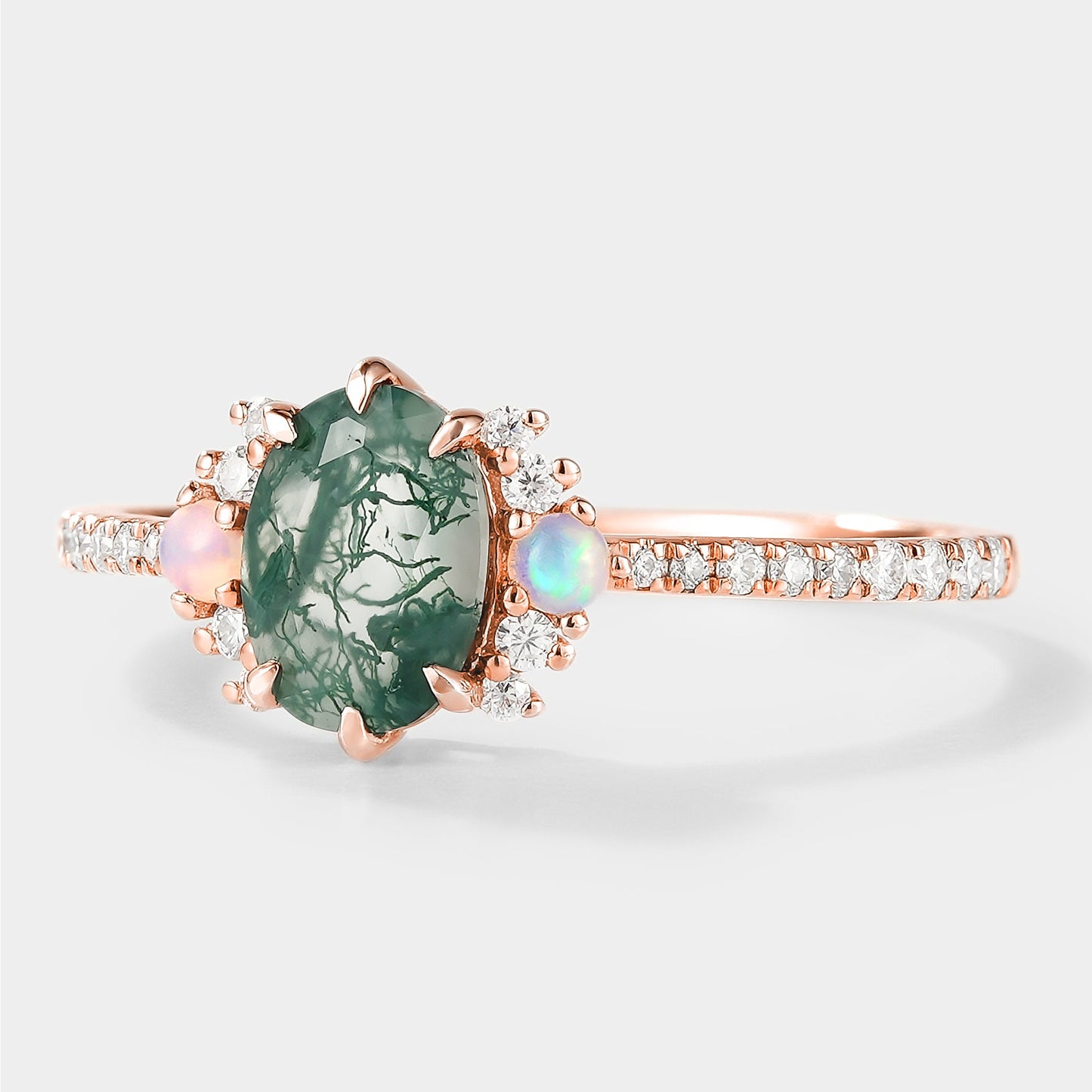 Oval Moss Agate Engagement Ring With Opal & Moissanite Cluster