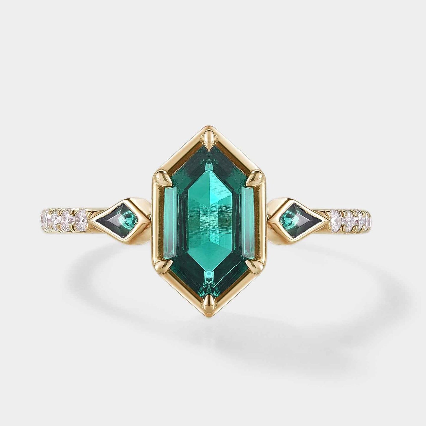 Unique Long Hexagon Cut Lab Emerald Engagement Ring