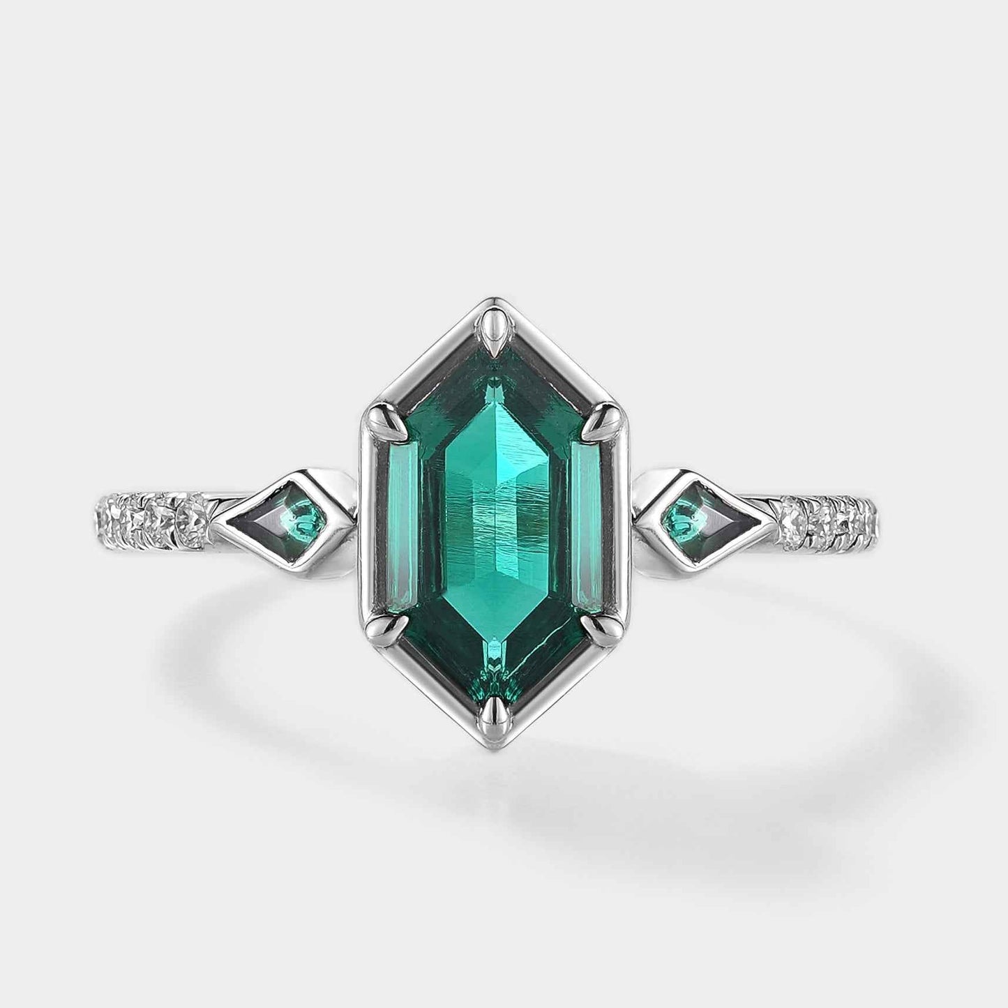 Unique Long Hexagon Cut Lab Emerald Engagement Ring