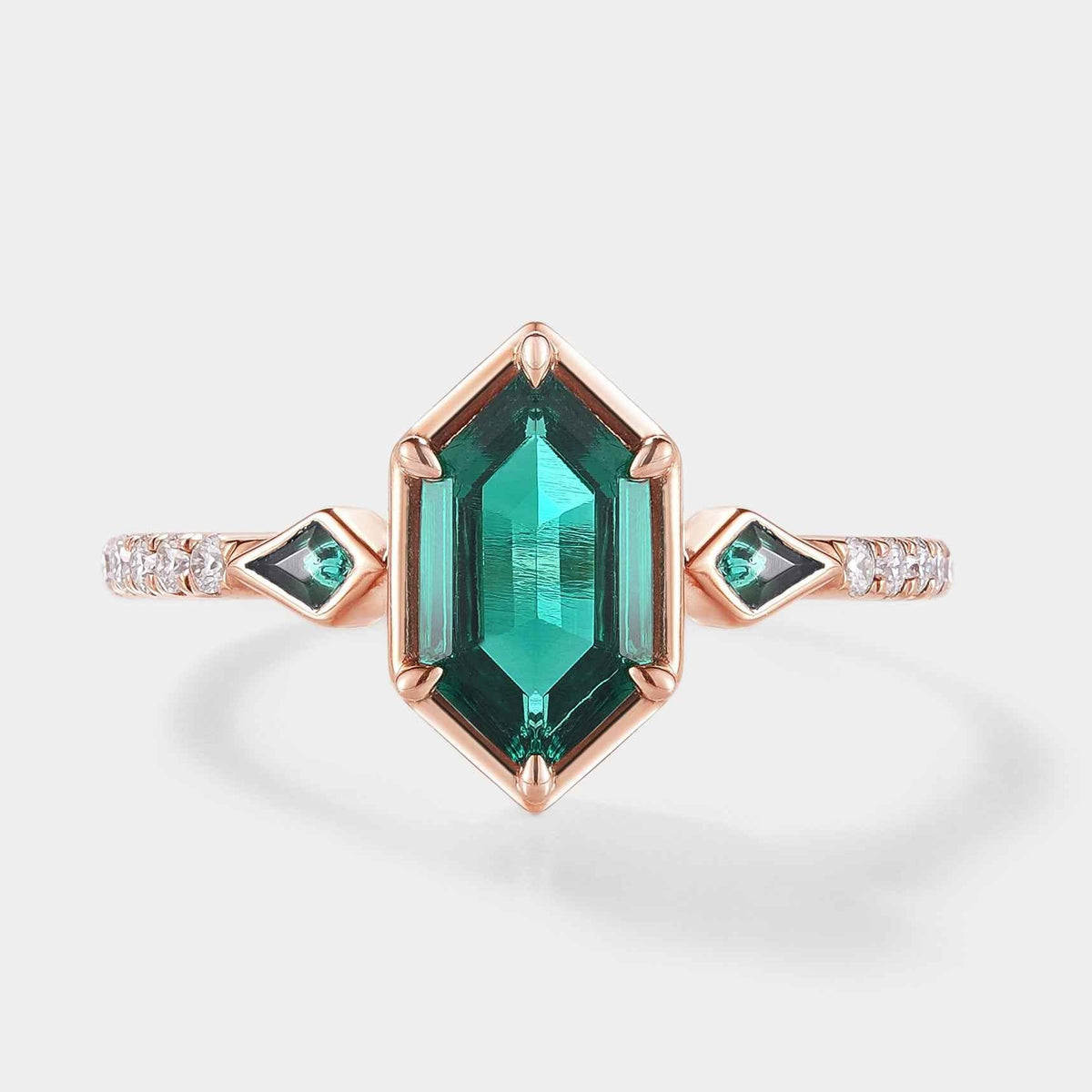 Unique Long Hexagon Cut Lab Emerald Engagement Ring