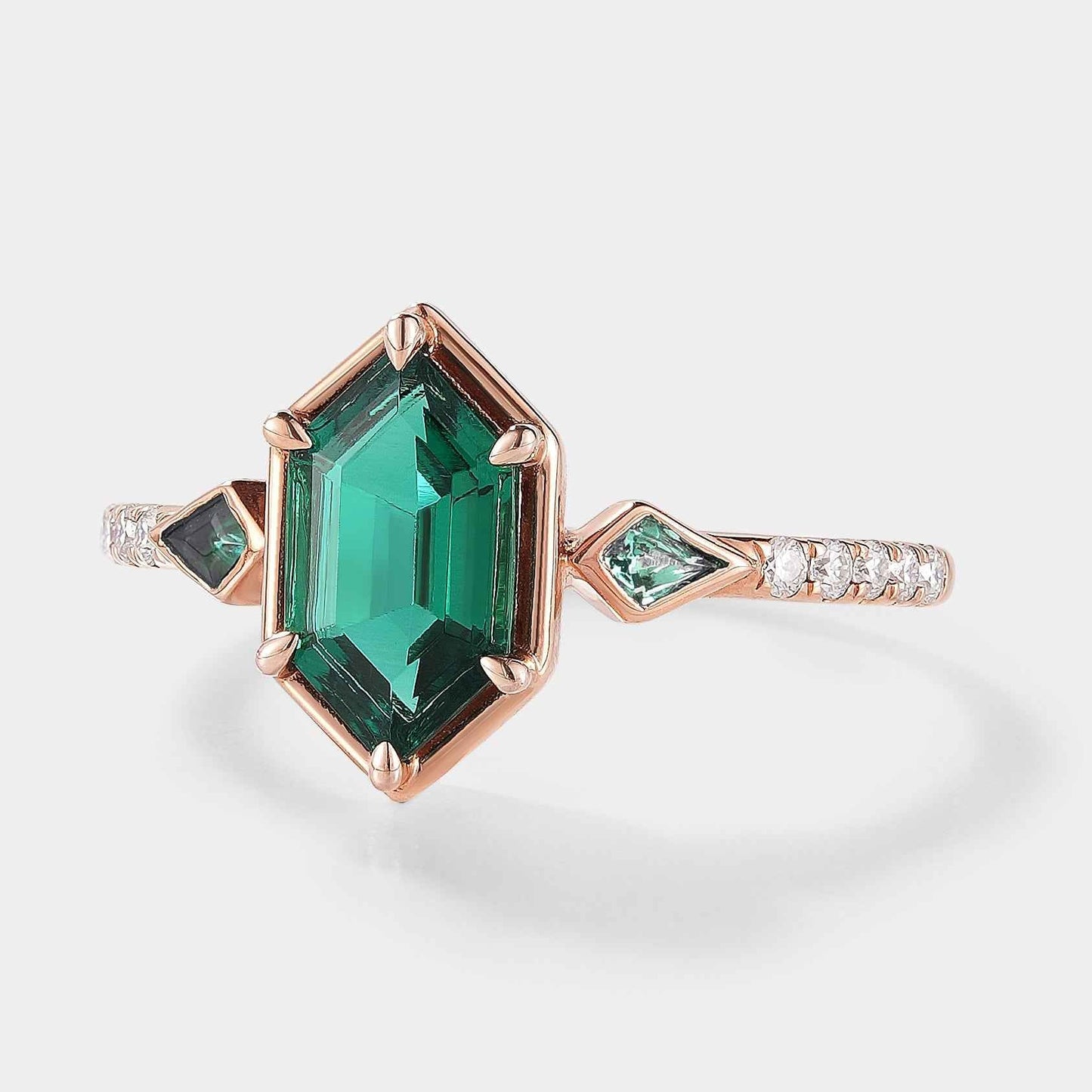 Unique Long Hexagon Cut Lab Emerald Engagement Ring