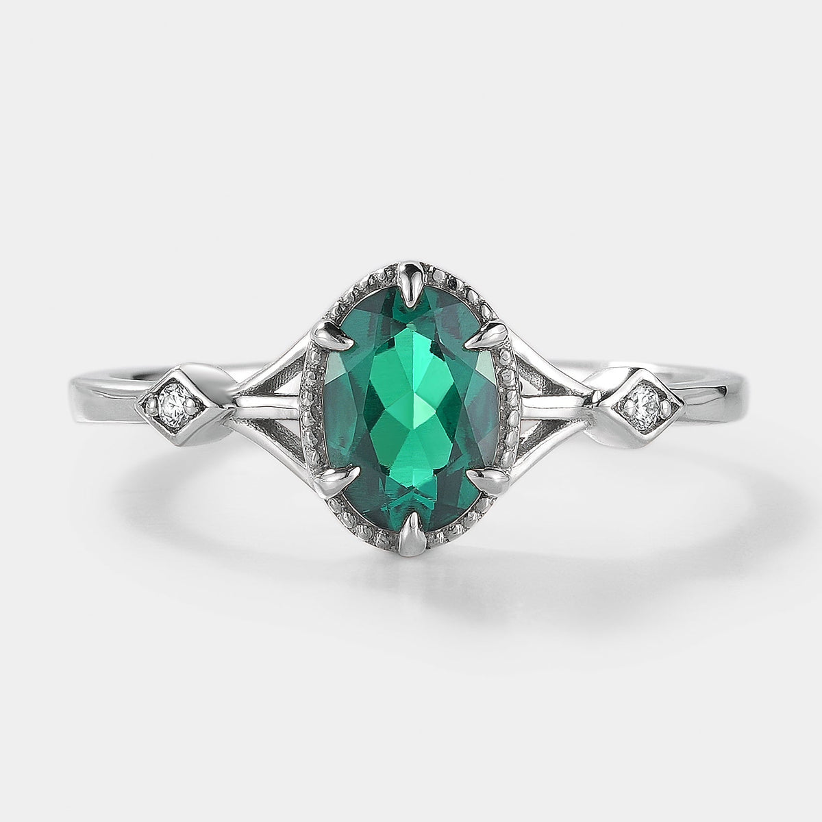 Classic Oval Cut Lab Created Emerald Engagement Ring