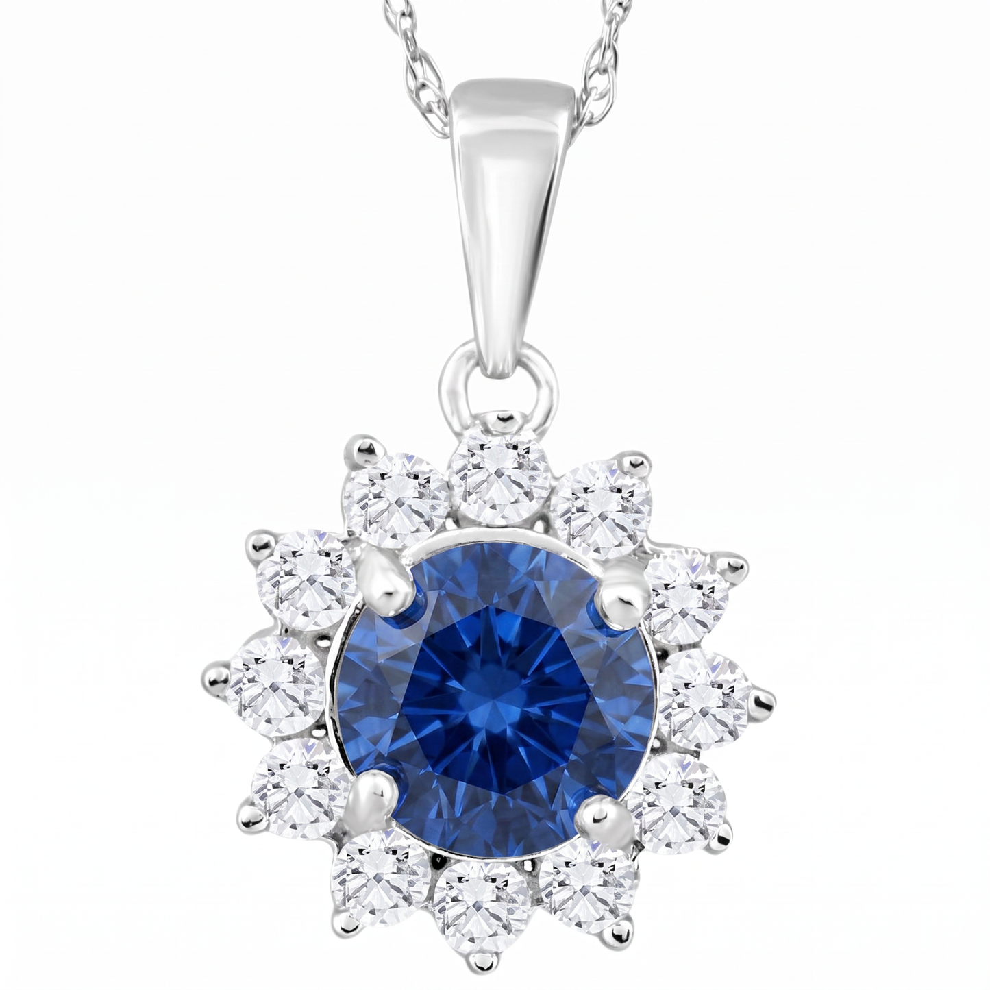 1Ct TW Blue Sapphire & Diamond Halo Pendant White Gold Women's Necklace