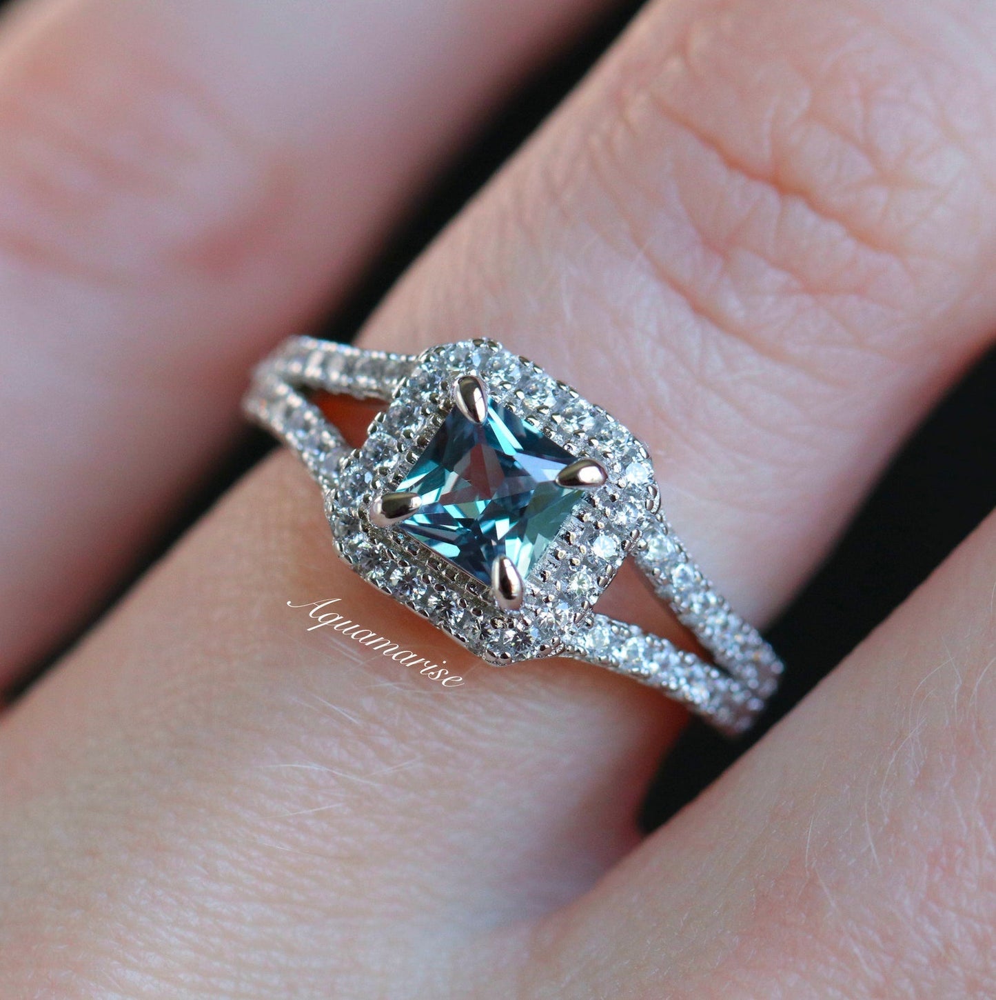 Split Shank Halo Alexandrite Engagement Ring in Sterling Silver