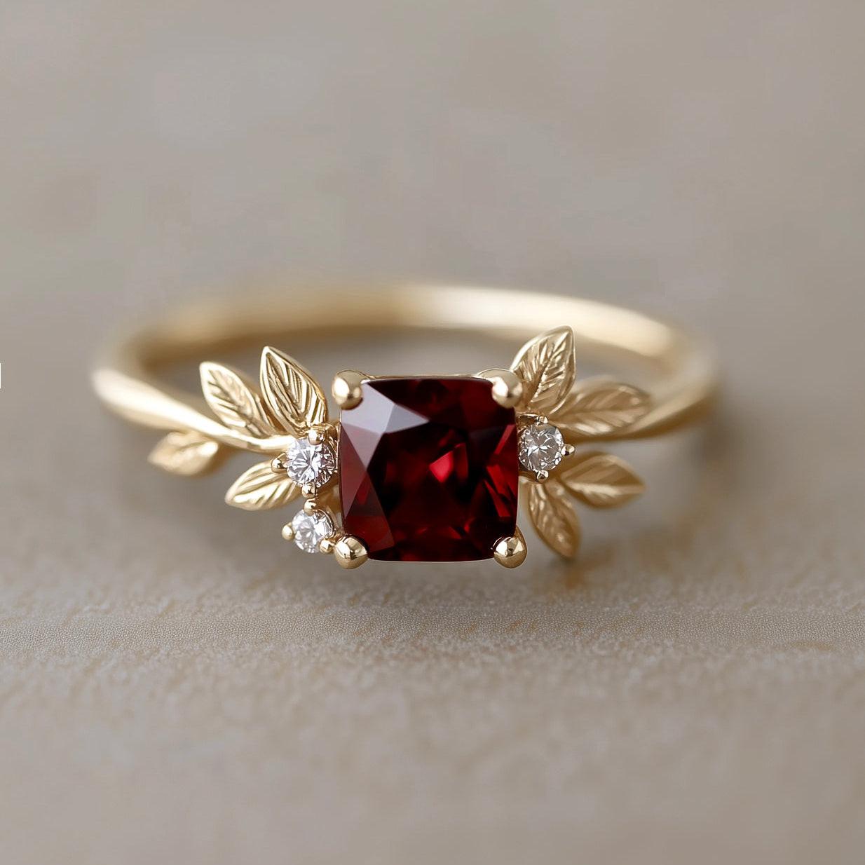 Genevieve’s Crimson | Square Ruby Solitaire Foliage Engagement Ring