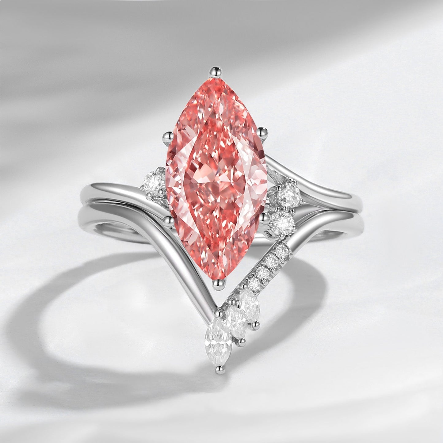 Classic Style Marquise Cut IGI Certificated Lab Grown Pink Diamond Twist Engagement Ring Bridal Set