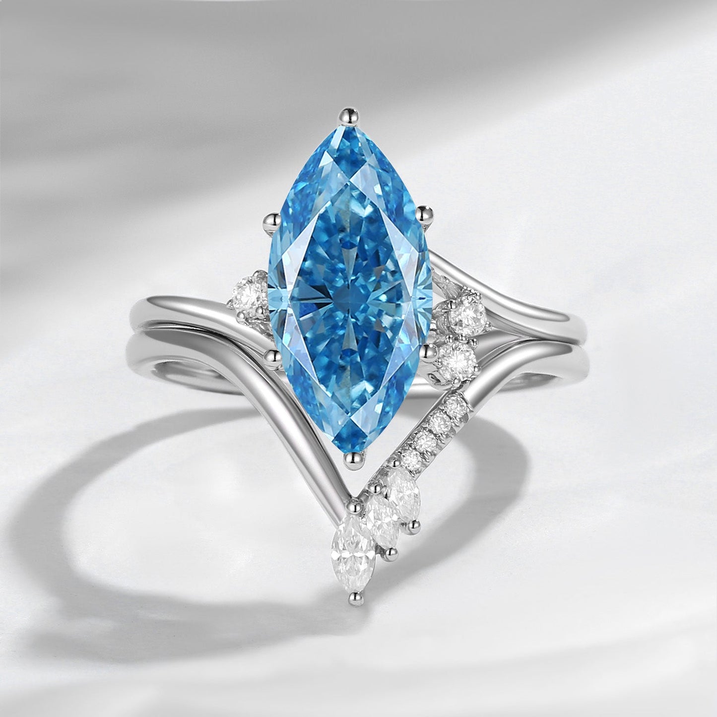 Classic Style Marquise Cut IGI Certificated Lab Grown Blue Diamond Twist Engagement Ring Bridal Set