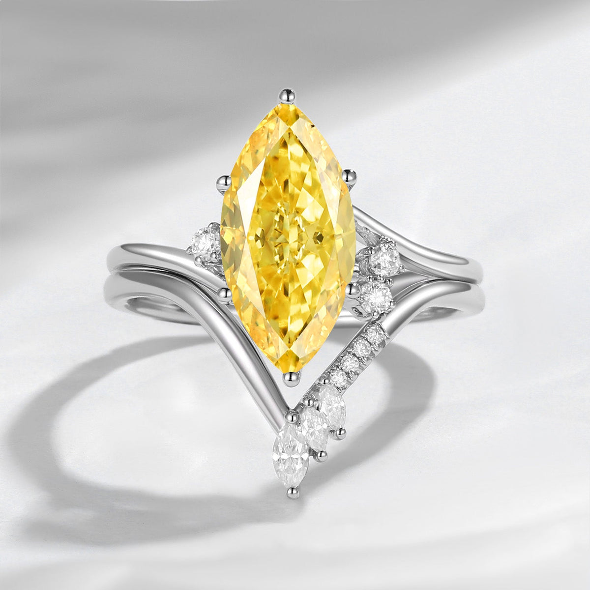 Classic Style Marquise Cut IGI Certificated Lab Grown Yellow Diamond Twist Engagement Ring Bridal Set