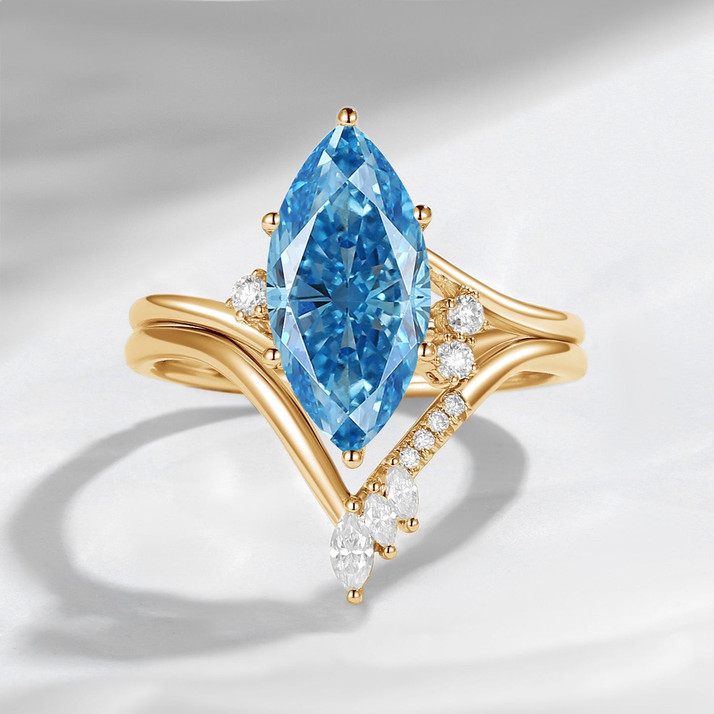 Classic Style Marquise Cut IGI Certificated Lab Grown Blue Diamond Twist Engagement Ring Bridal Set