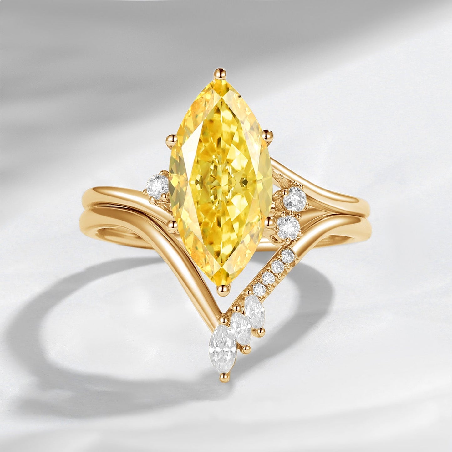 Classic Style Marquise Cut IGI Certificated Lab Grown Yellow Diamond Twist Engagement Ring Bridal Set