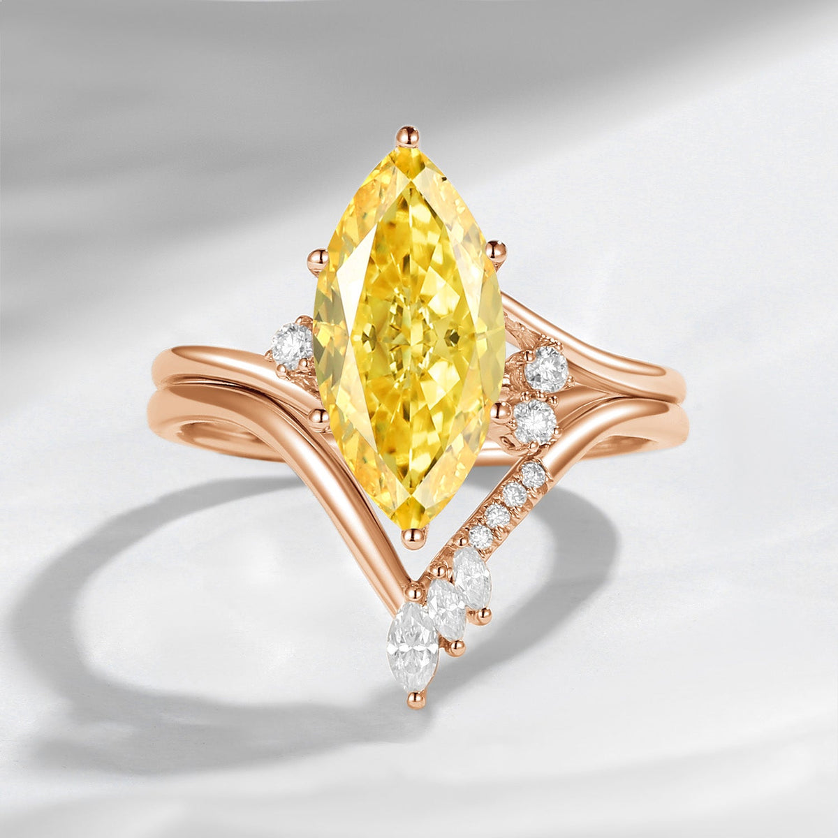 Classic Style Marquise Cut IGI Certificated Lab Grown Yellow Diamond Twist Engagement Ring Bridal Set