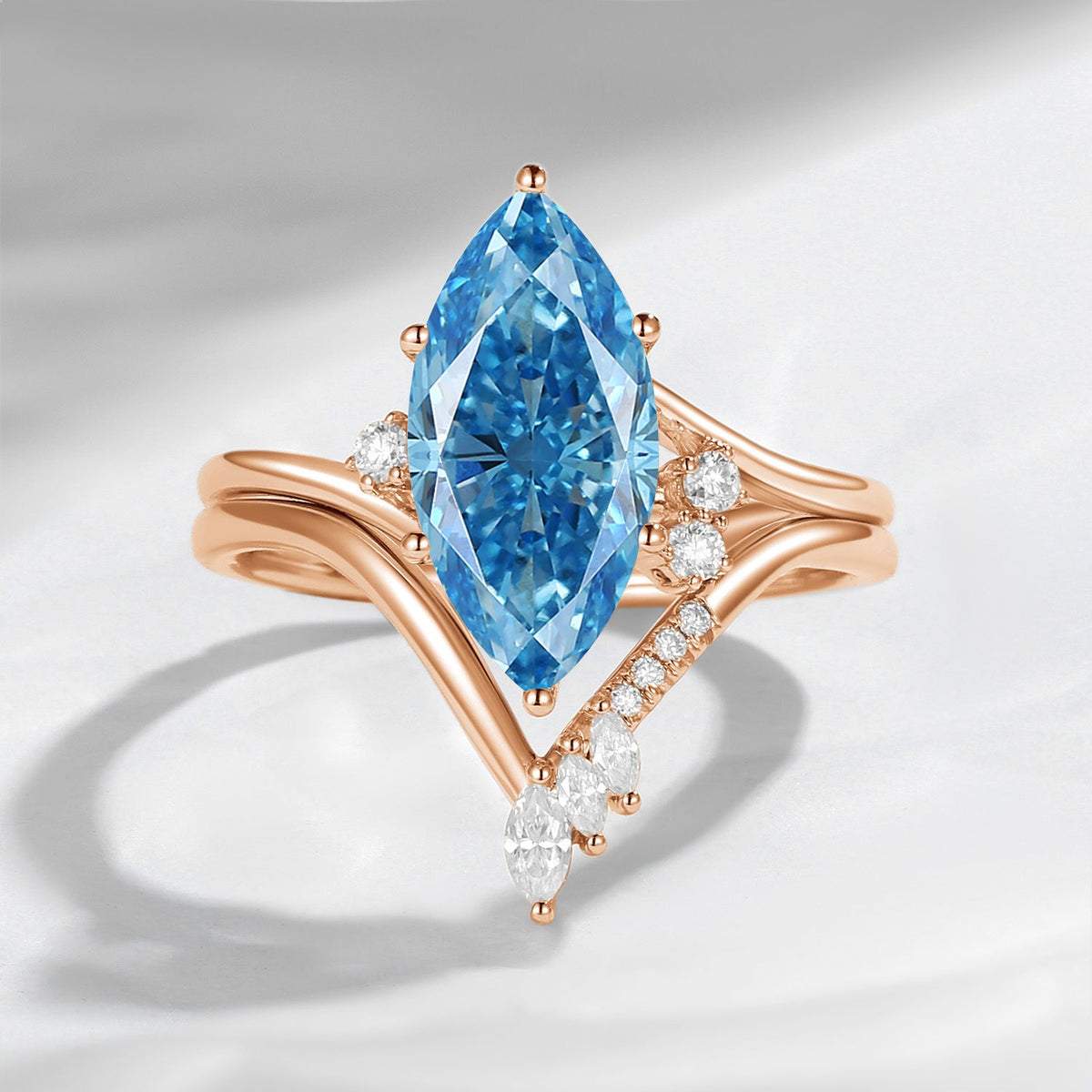 Classic Style Marquise Cut IGI Certificated Lab Grown Blue Diamond Twist Engagement Ring Bridal Set