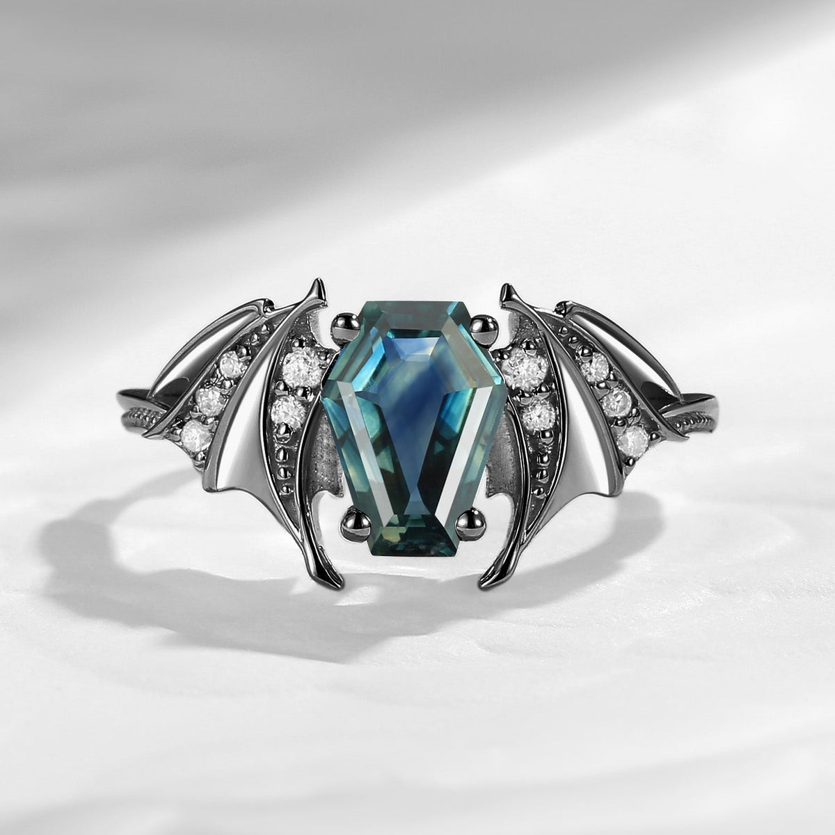 Bat Ring - Coffin Cut Natural Teal Sapphire Bat Wing Engagement Ring with Milgrain Band