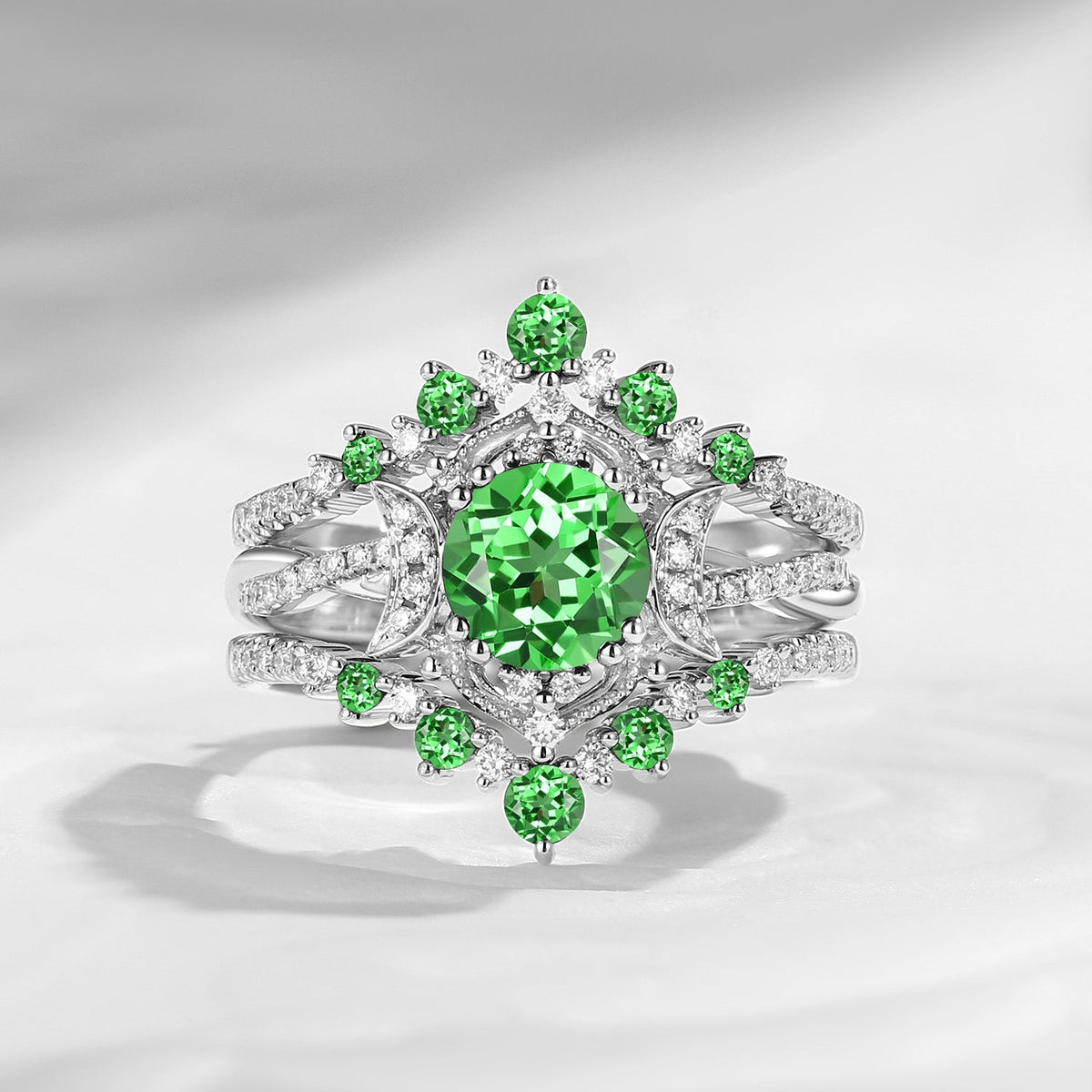 Crescent moon | Unique Infinity Round Lab Tsavorite Engagement Ring Set 3pcs