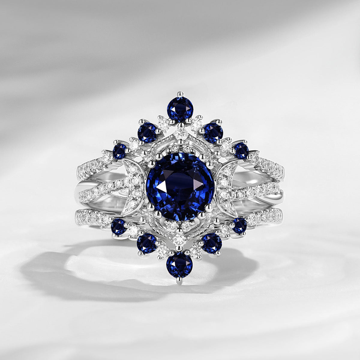 Crescent moon | Unique Infinity Round Natural Sapphire Engagement Ring Set 3pcs
