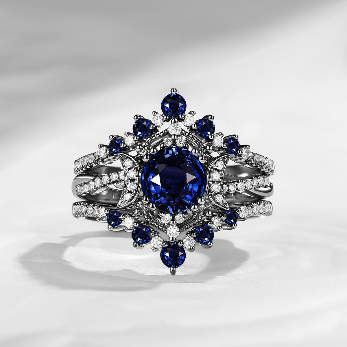 Crescent moon | Unique Infinity Round Natural Sapphire Engagement Ring Set 3pcs