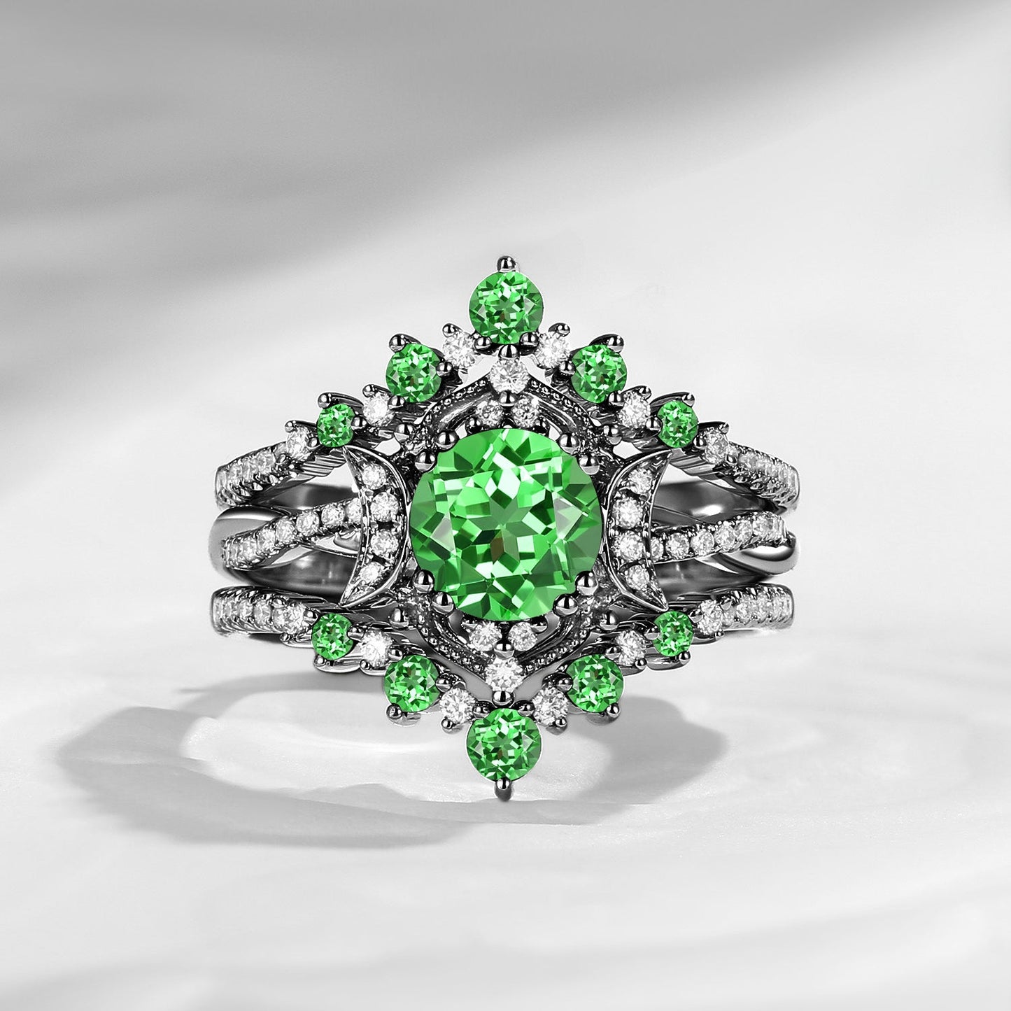 Crescent moon | Unique Infinity Round Lab Tsavorite Engagement Ring Set 3pcs