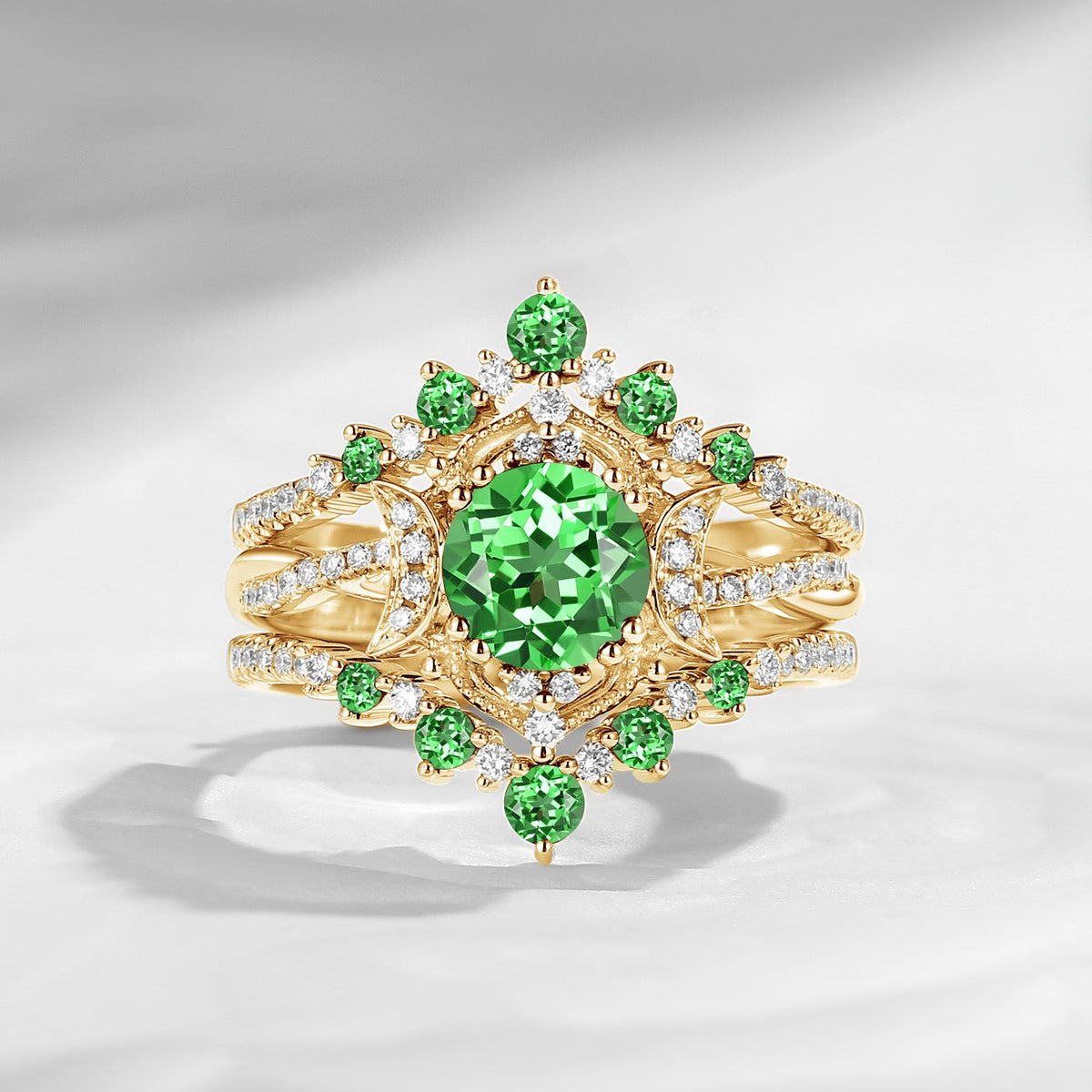 Crescent moon | Unique Infinity Round Lab Tsavorite Engagement Ring Set 3pcs