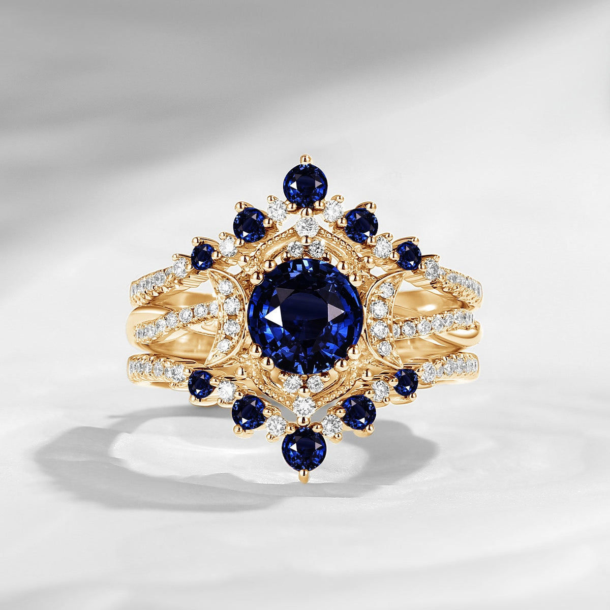 Crescent moon | Unique Infinity Round Natural Sapphire Engagement Ring Set 3pcs