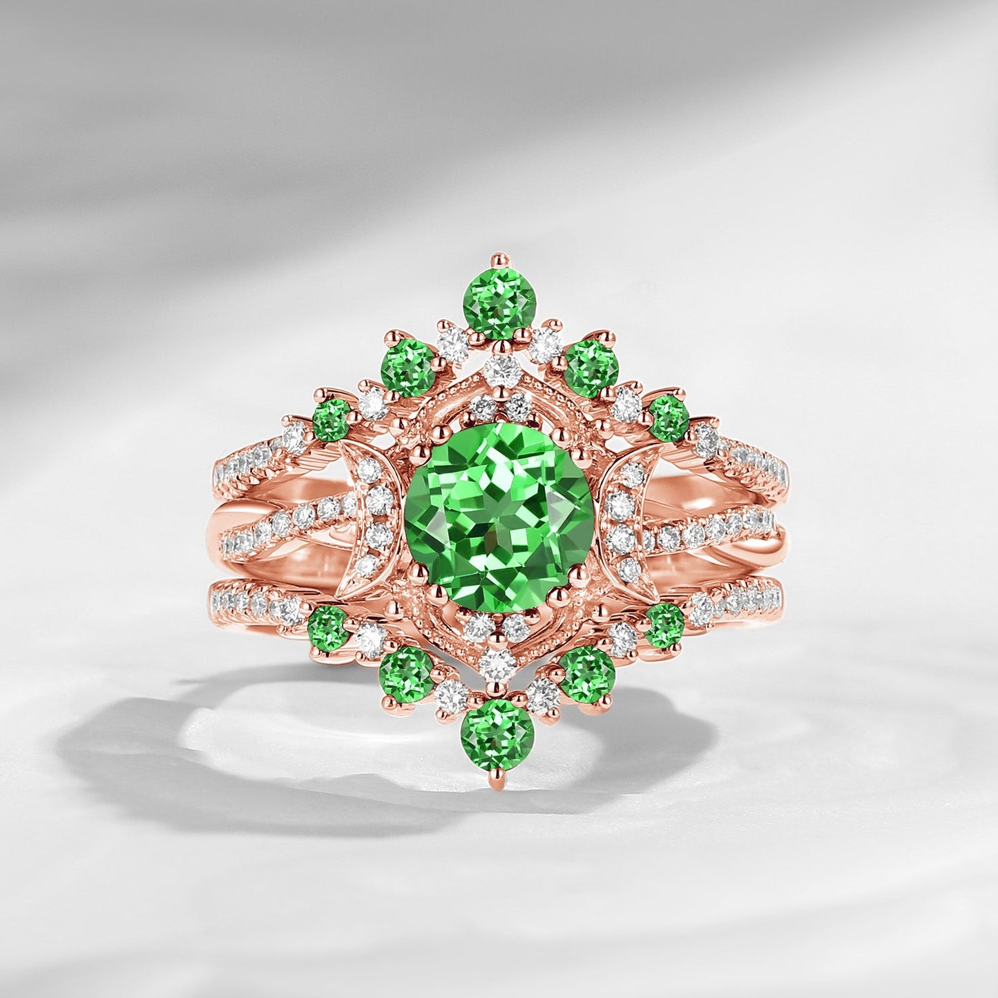 Crescent moon | Unique Infinity Round Lab Tsavorite Engagement Ring Set 3pcs