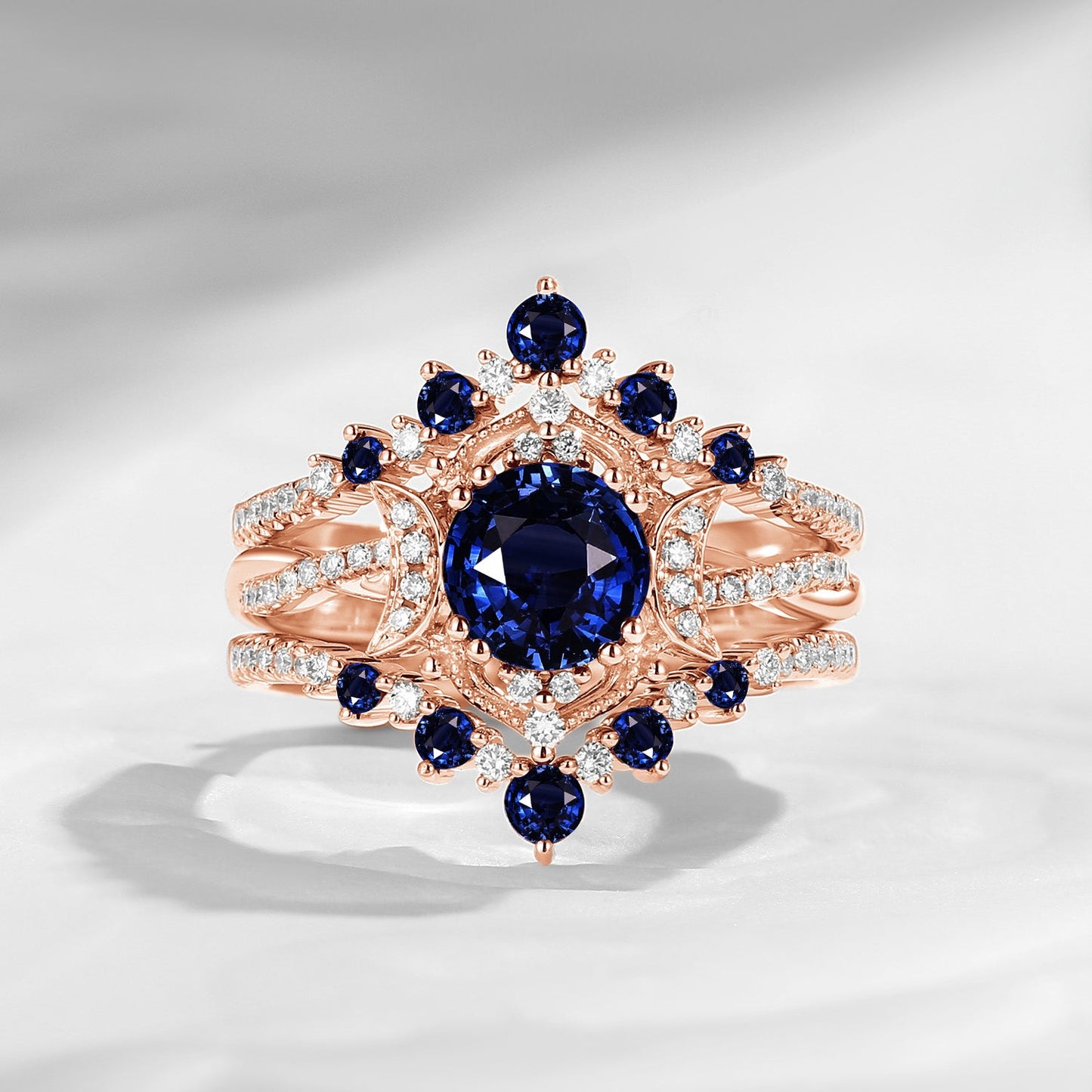 Crescent moon | Unique Infinity Round Natural Sapphire Engagement Ring Set 3pcs