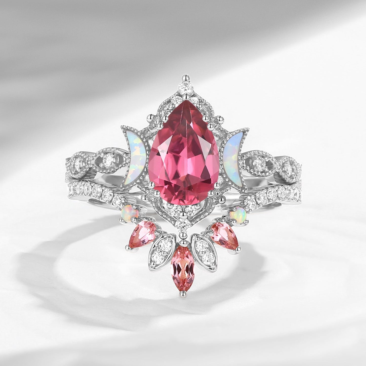 Crescent Moon | Pear Cut Natural Pink Tourmaline 'Ultra Galaxy' Engagement Ring Set 2pcs