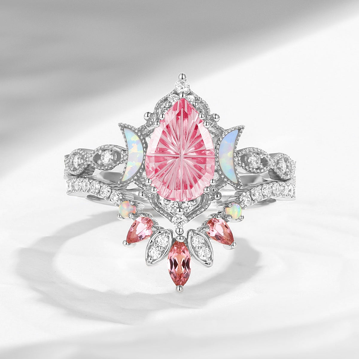 Crescent Moon 'Ultra Galaxy' - Fantasy Carved Pear Lab Pink Sapphire Engagement Ring Set 2pcs